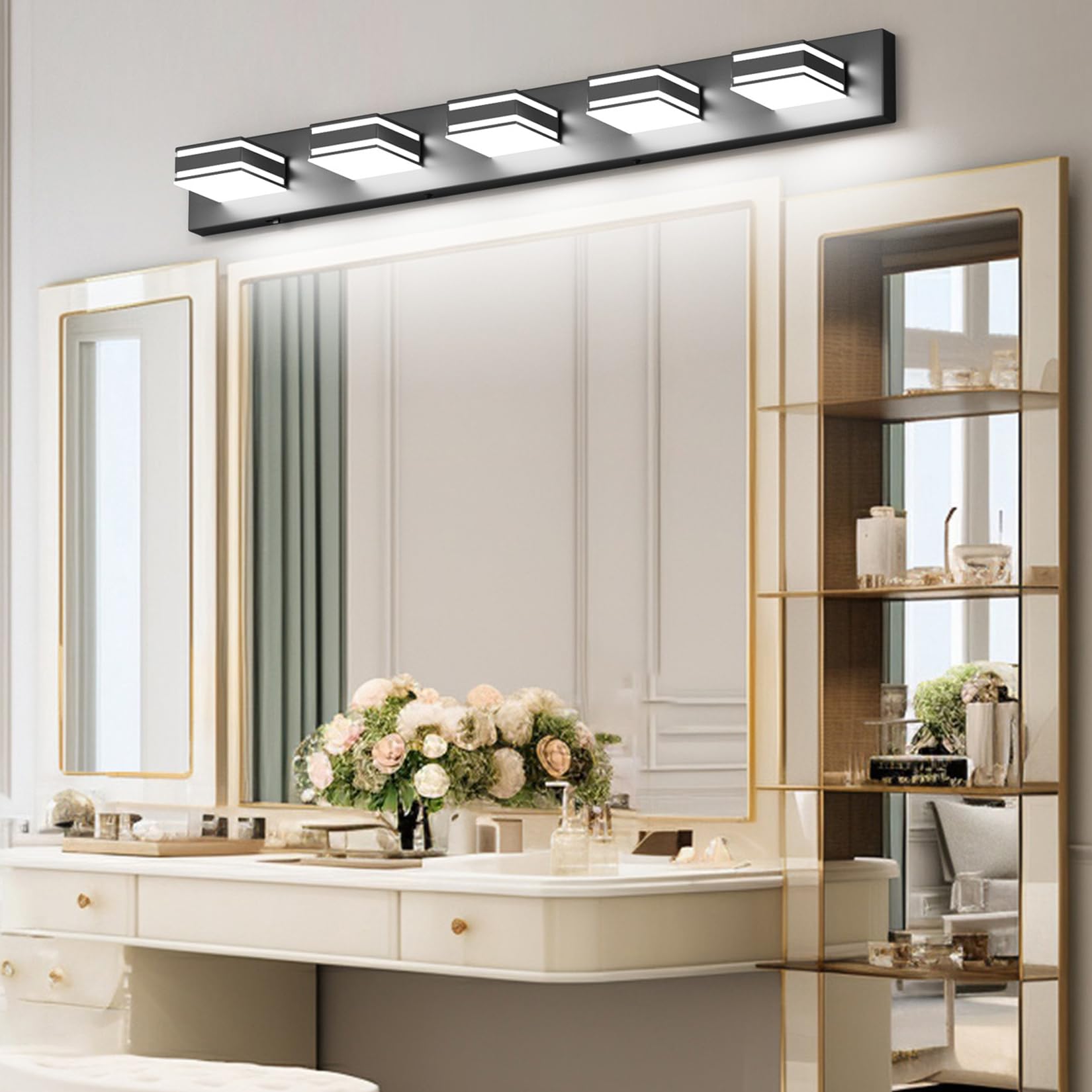 Ralbay 5-Light Dimmable LED Vanity Light - 40.5" Matte Black, 5 Color Temperatures (3000K-6000K) - Modern Bathroom Lighting, Model