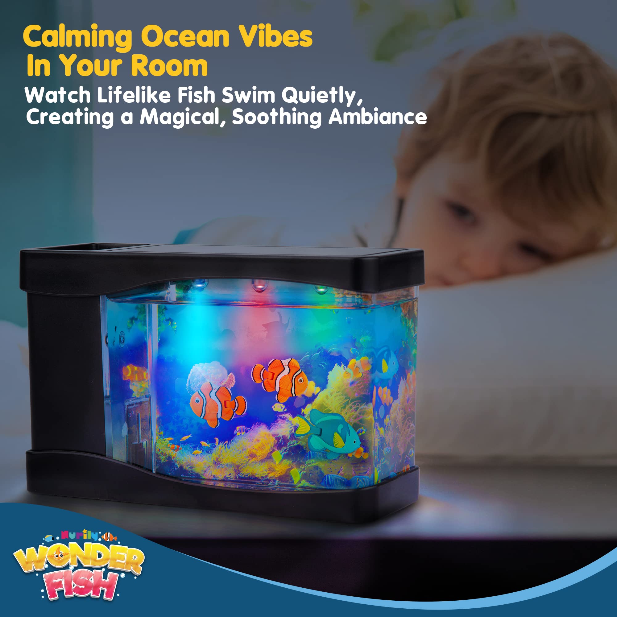 Nurily Artificial Fish Tank Lamp - Mini Desk Aquarium with 3 LED Lights, Moving Bubbles, Clear Plastic, Model WF01