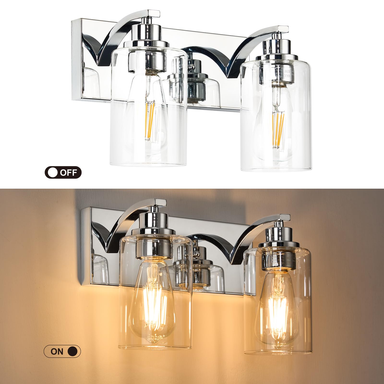 Alaislyc Chrome 2-Light Bathroom Vanity Light Fixture With Clear Glass Shade For Mirror