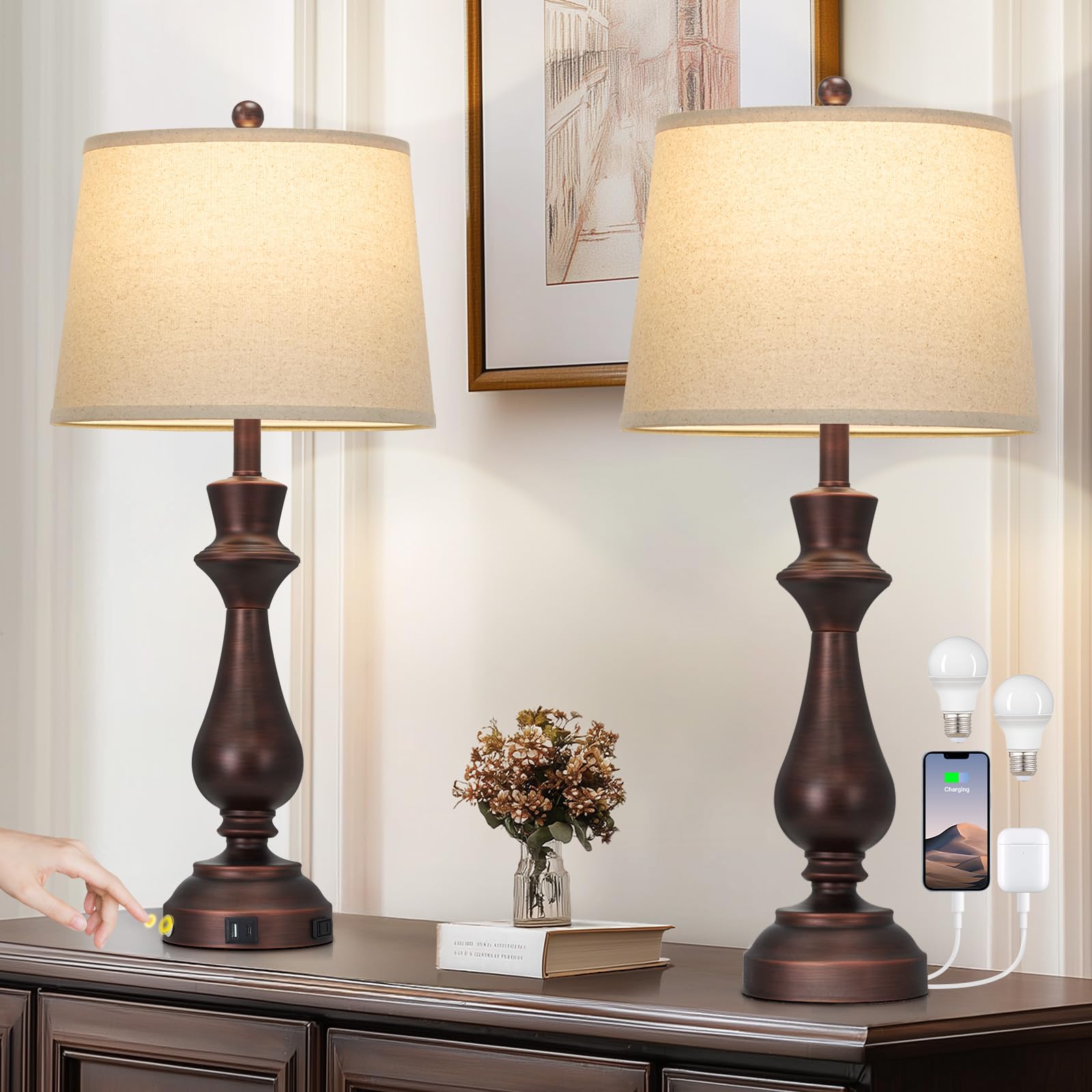 Cinkeda Touch Lamps for Night Stands Set of 2-29.5 Tall Bedside Lamp with USB C+A  3 Way Dimmable Bedroom Lamps  Vintage Brown Table Lamps for Living Room