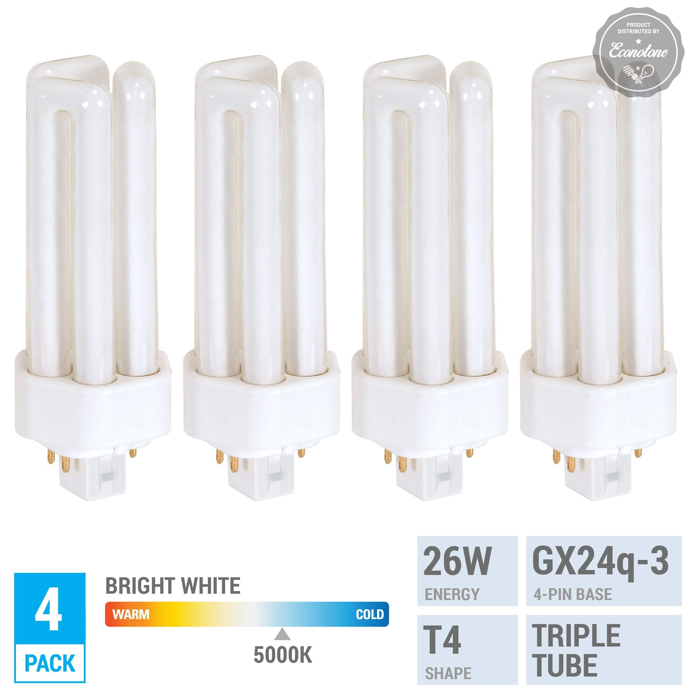 KOR Compact Fluorescent Light Bulb - (Pack of 4) 26W GX24Q-3 Base, 5000K Bright White, Daylight, 4 Count