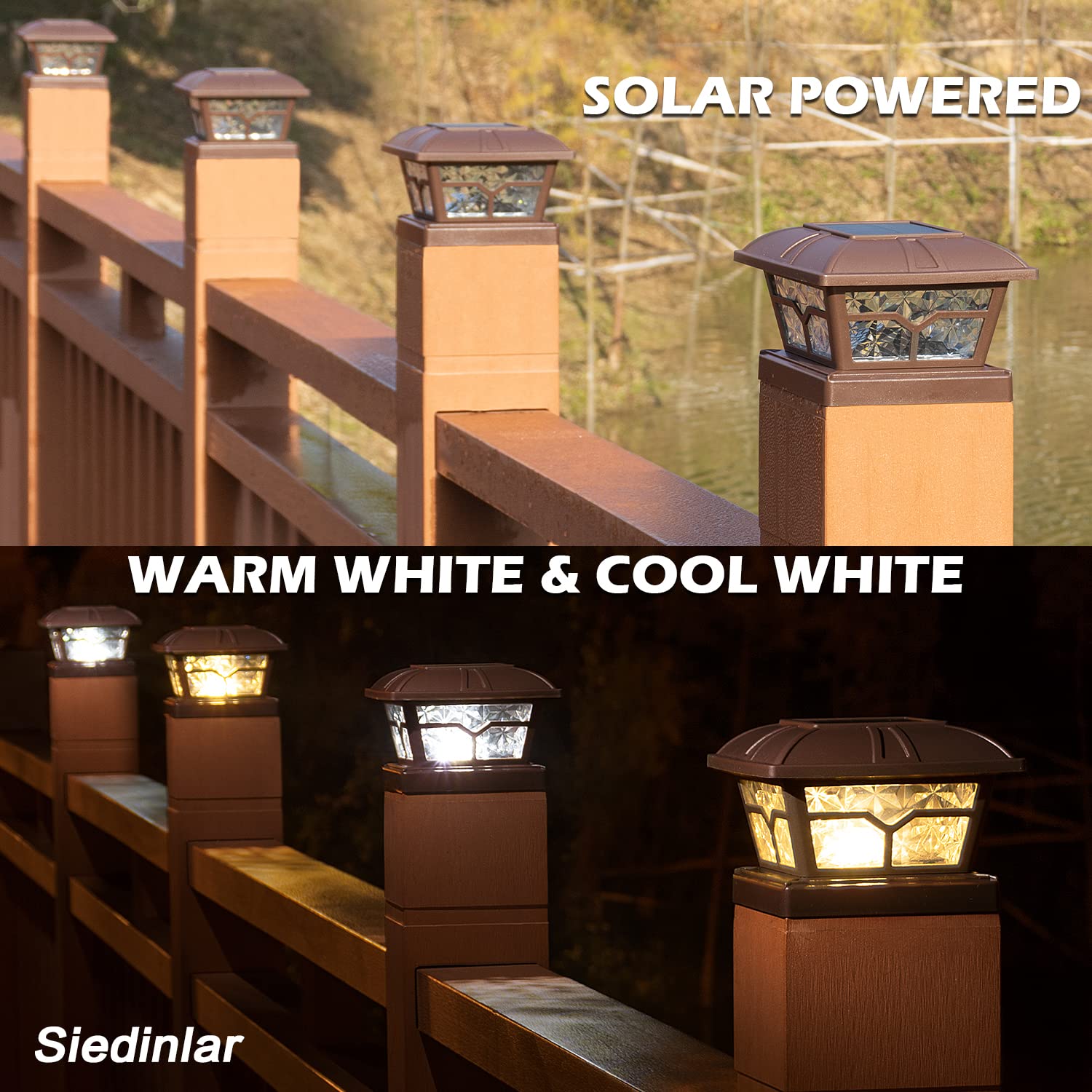 SIEDiNLAR Solar Post Cap Lights - 8 LEDs, 2 Color Modes, Brown, 1 Pack - Fits 4x4, 5x5, 6x6 Posts