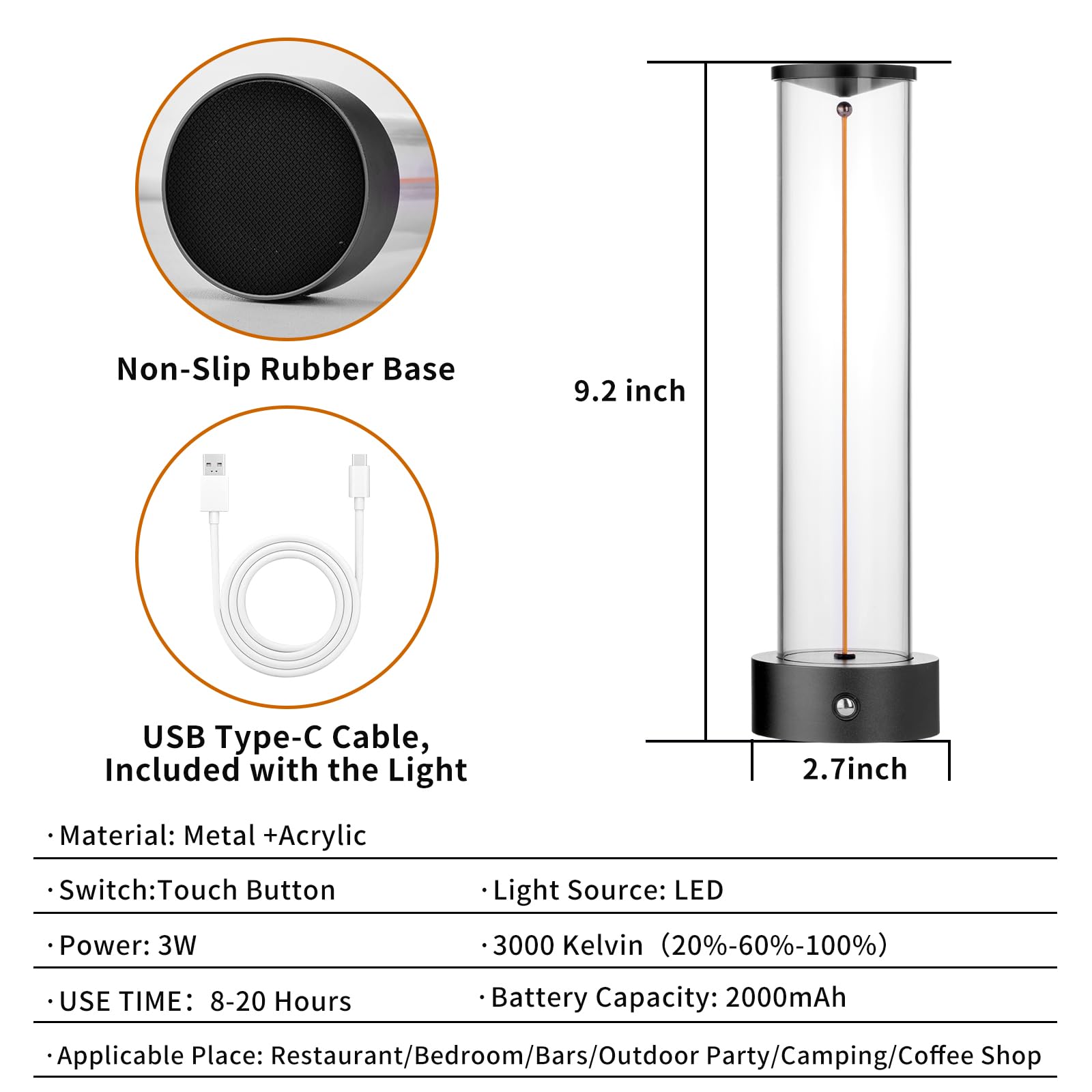 Baishezhuan Cordless Portable Led Table Lamp, Rechargeable Battery Operated Desk Lamp With Touch Sensor, Three-Level Dimmable Su