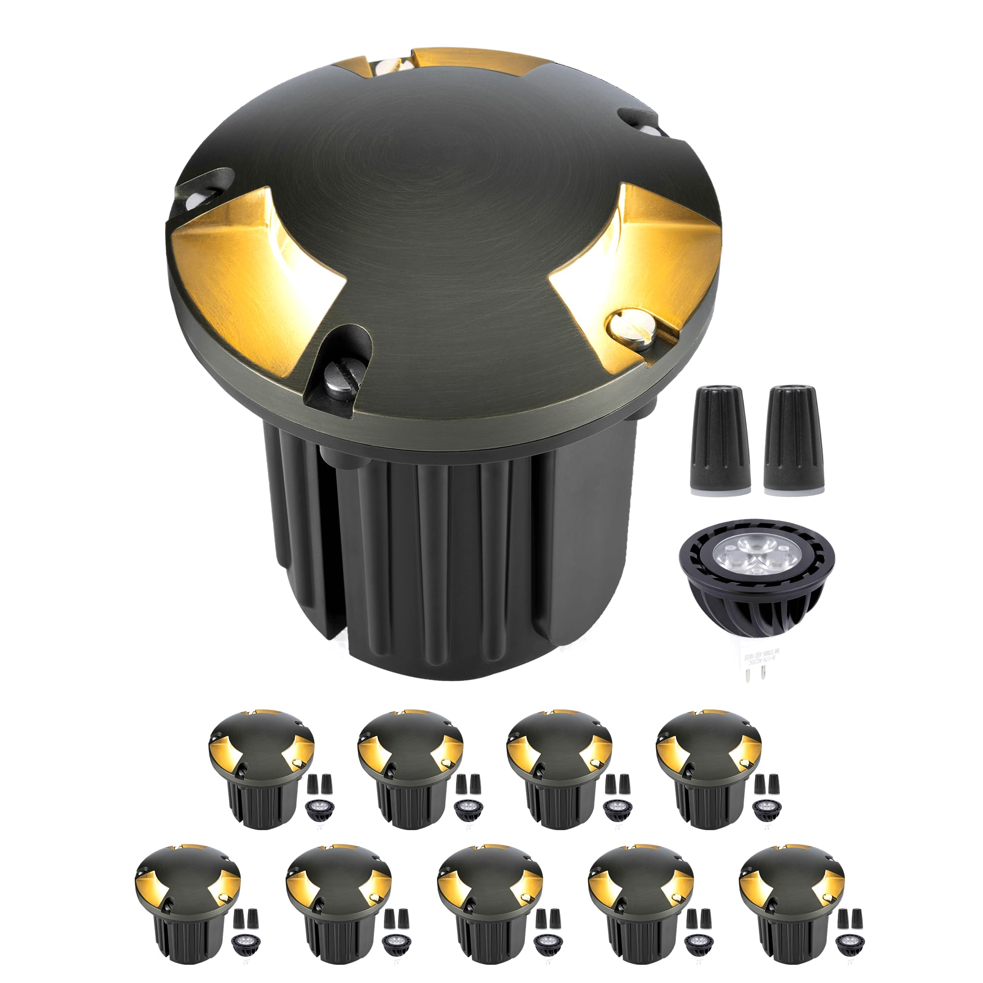 Gardenreet Low Voltage Outdoor Well Light, Brass 12V In Ground Lighting, 10-Pack, Antique Bronze, MR16 4000K Bulb