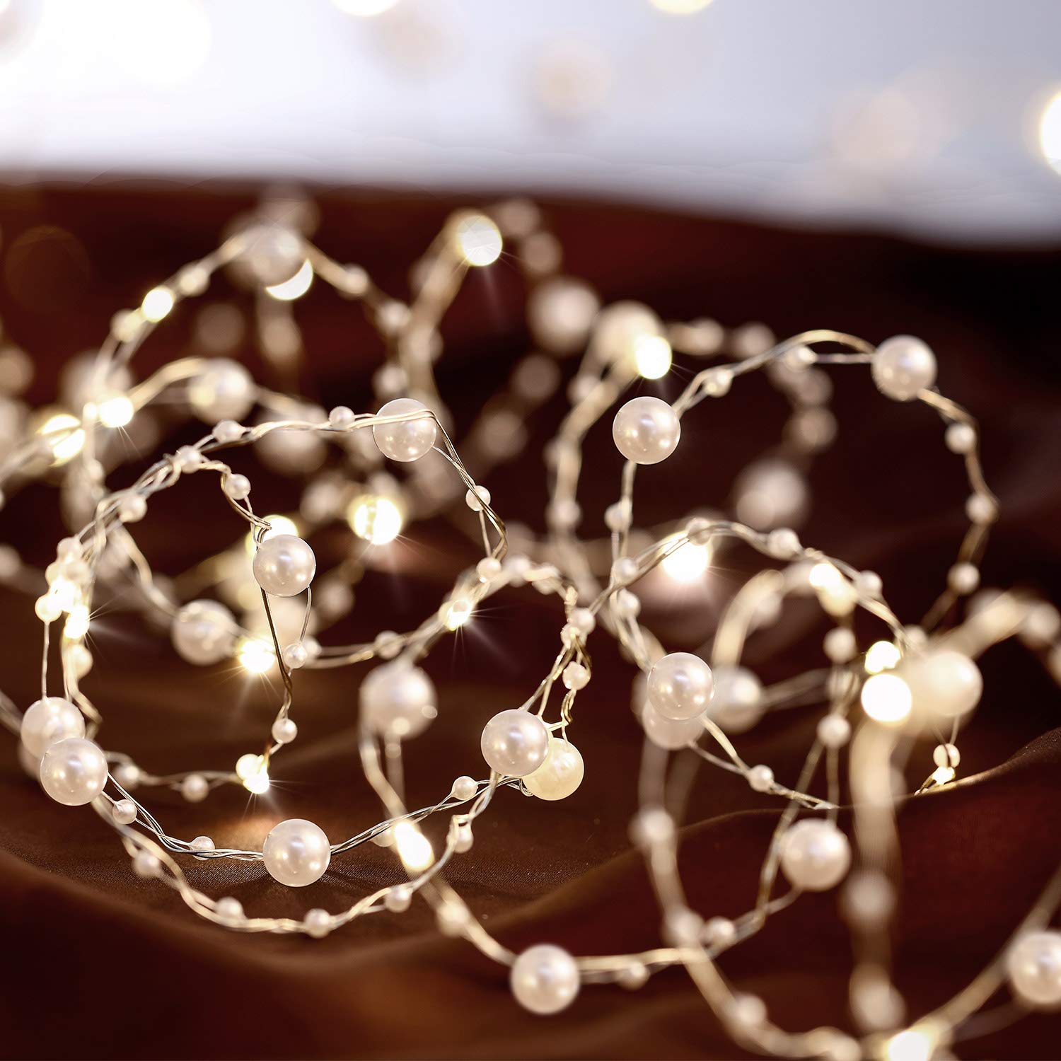 Ocean Pearl Beads String Lights, 10 ft 40 LED Lights Battery Powered with 8 Flicker Modes, Remote and Timer for Wedding, Bridal 