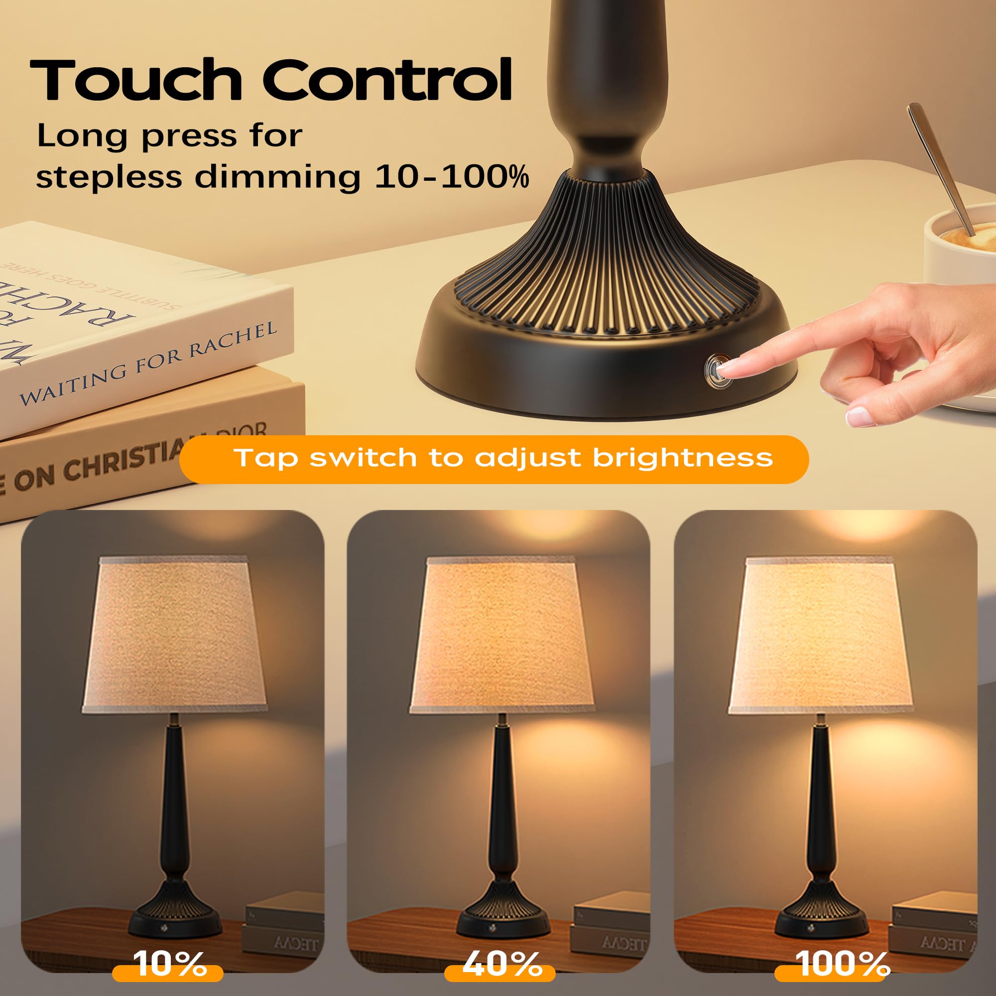 Partphoner Cordless Table Lamp, 5000Mah Battery Rechargeable Touch Lamp, Wireless Led Lamps, 3-Level Brightness Bedside Lamps, M