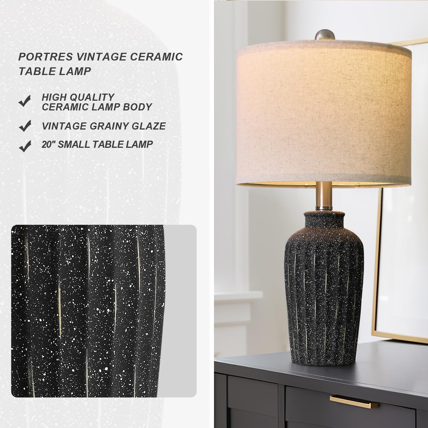 Portres 20'' Modern Ceramic Table Lamp For Bedroom, Vintage Bedside Lamps For Night Stands,Small Lamp For Living Room Office Dor