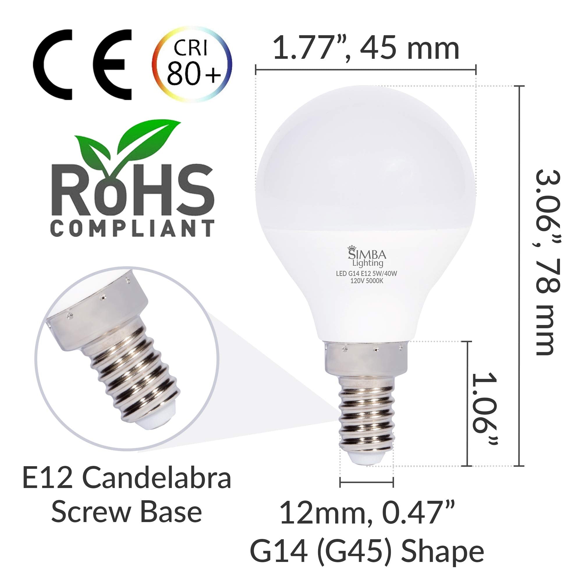 Simba Lighting Led Candelabra E12 Base G14 Small Globe 5 Watt 40W Replacement Light Bulb (6 Pack) For Ceiling Fan, Chandelier, V
