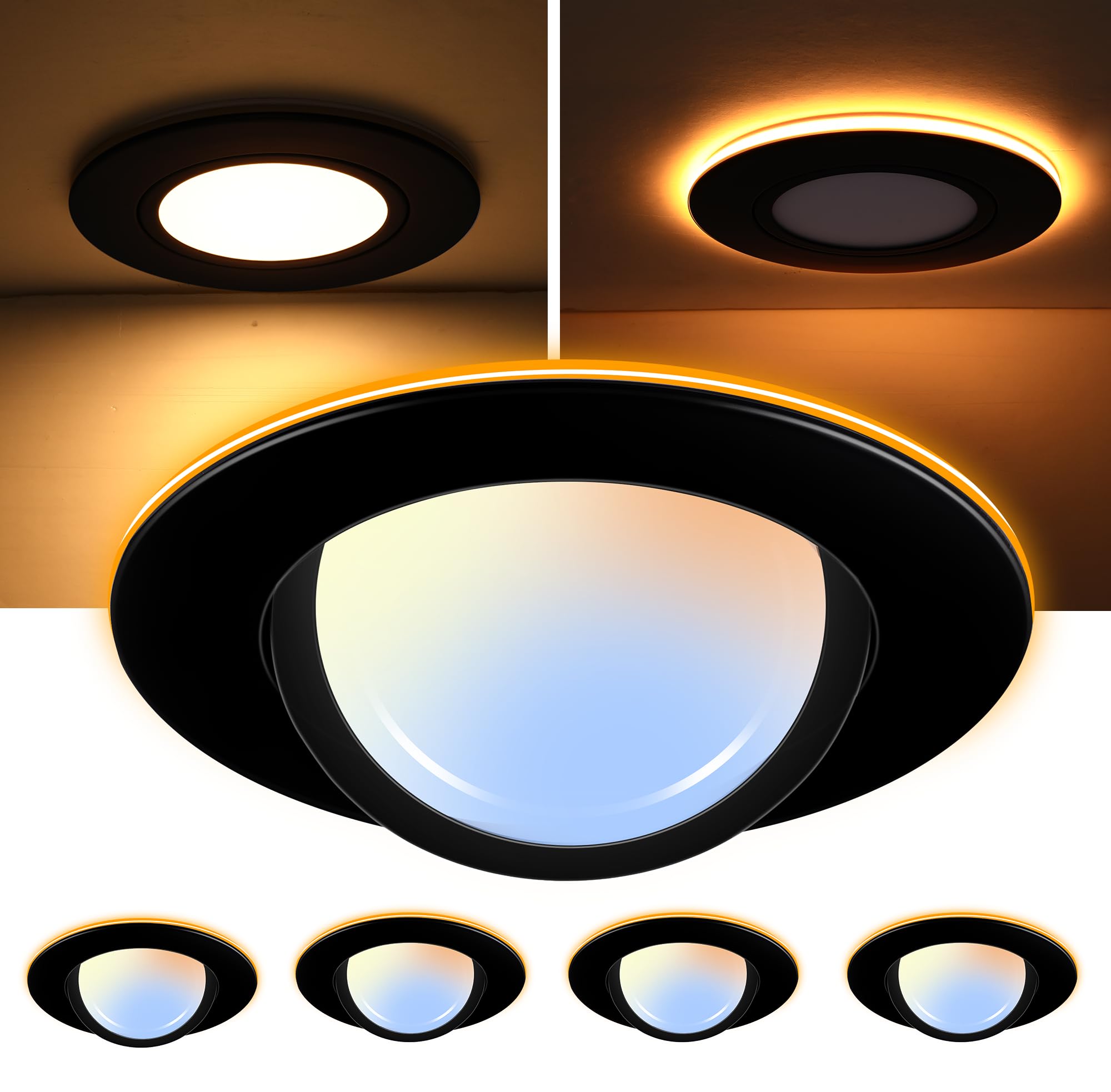 [4 Pack] CLOUDY BAY 6 inch 5 Color Swivel LED Gimbal Recessed Light with Night Light,12W CRI80+ 850LM,2700K/3000K/3500K/4000K/50
