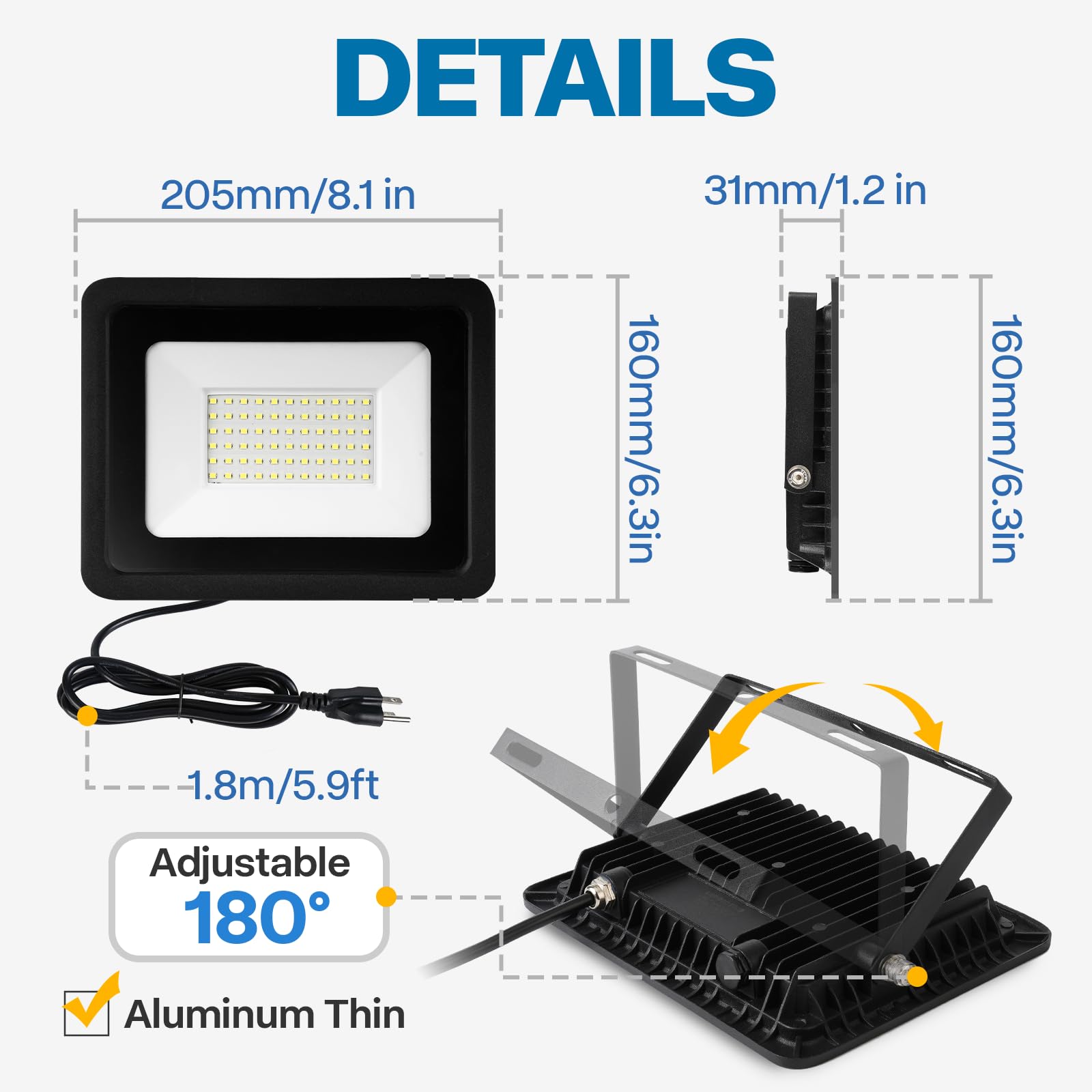 Leddictive 2 Pack 50W Outdoor Flood Light, 5000LM LED Work Light, IP65 Waterproof, 6000K Daylight, Adjustable Bracket