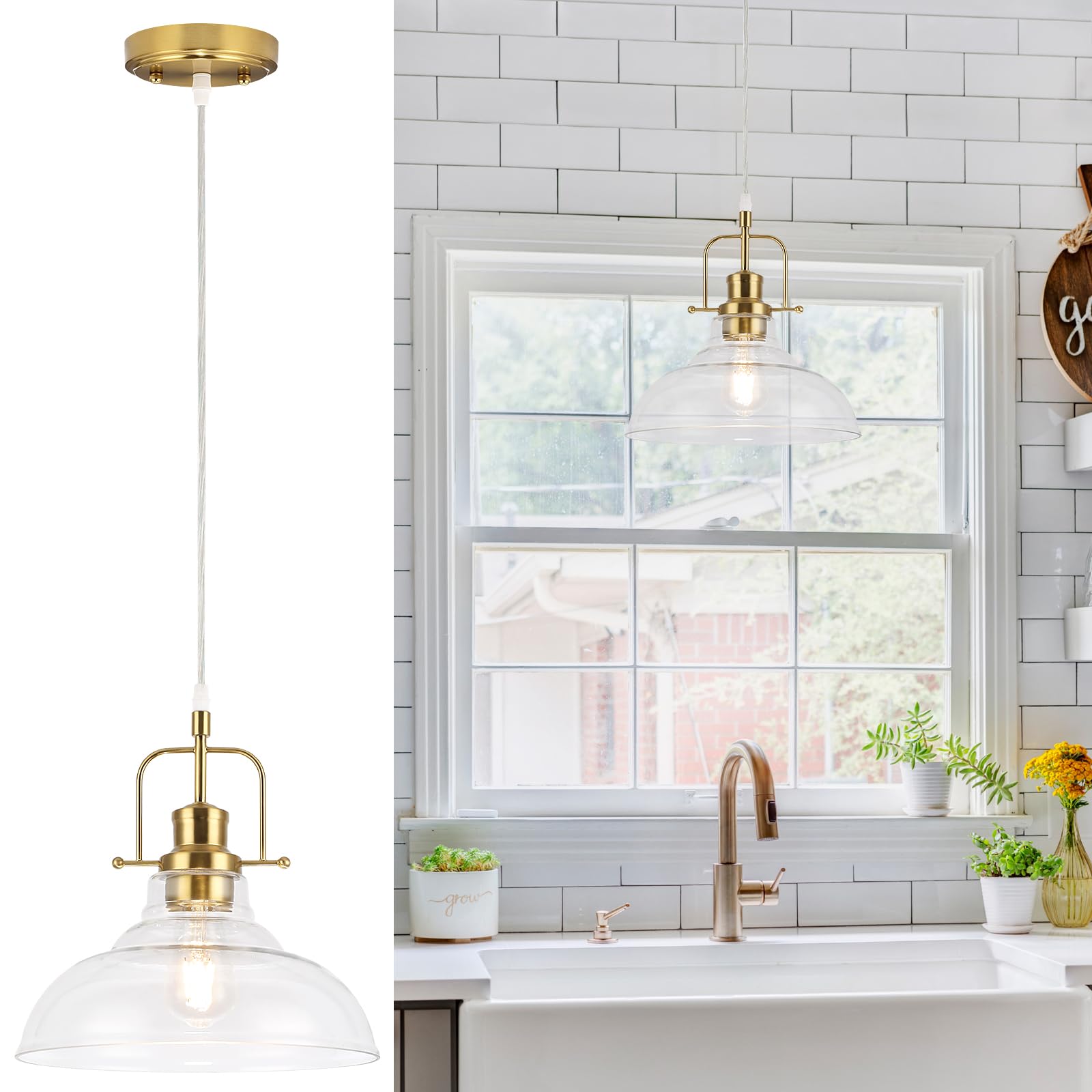 WILON Brass Gold Pendant Light Fixture, Modern Kitchen Pendant Lighting Over Island, Industrial Glass Pendant Light Over The Sin