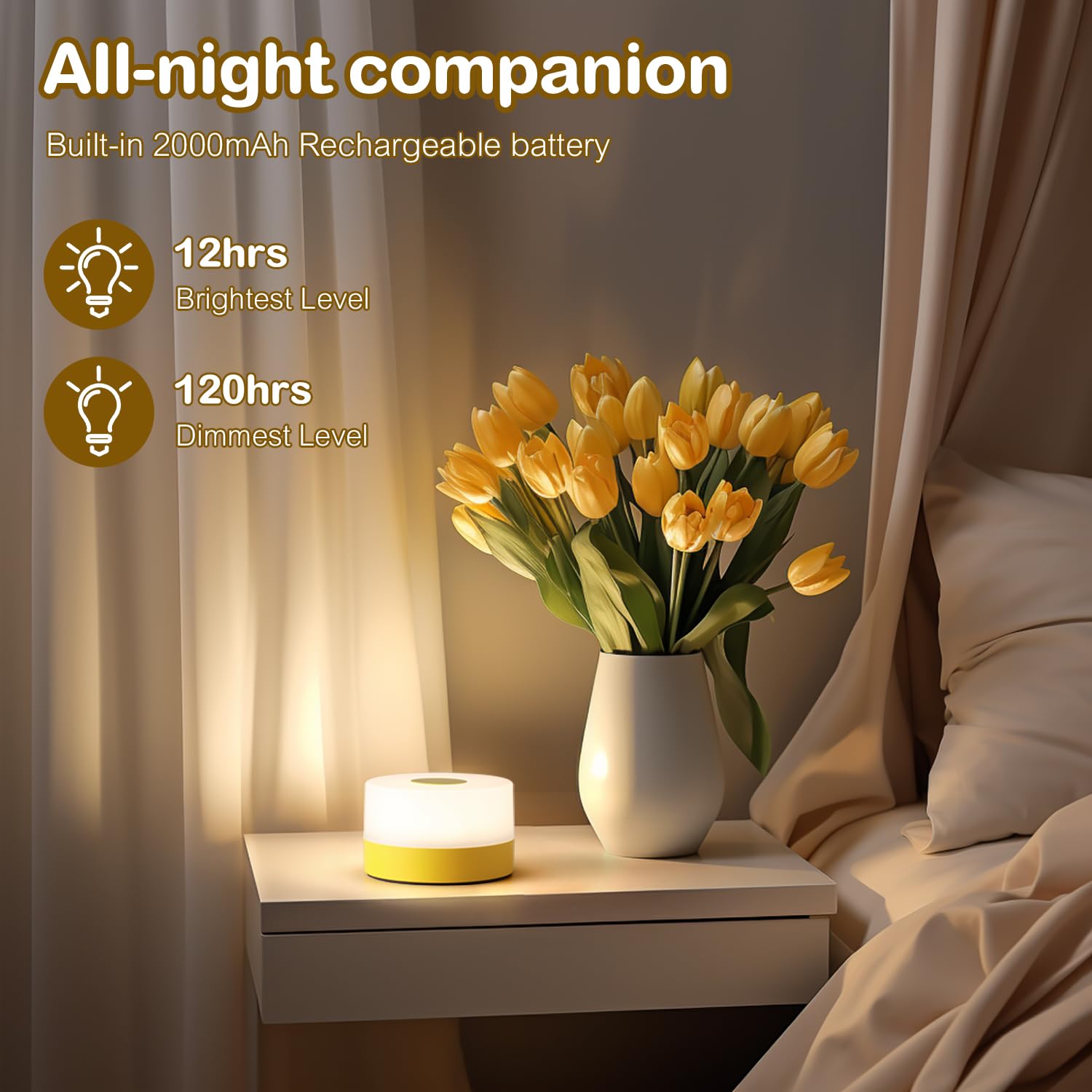 JUSHENG USB Rechargeable Touch Lamp, 3CCT Dimming Function, Portable Night Light for Baby Nursery, Bright Yellow, Model CG0025YL