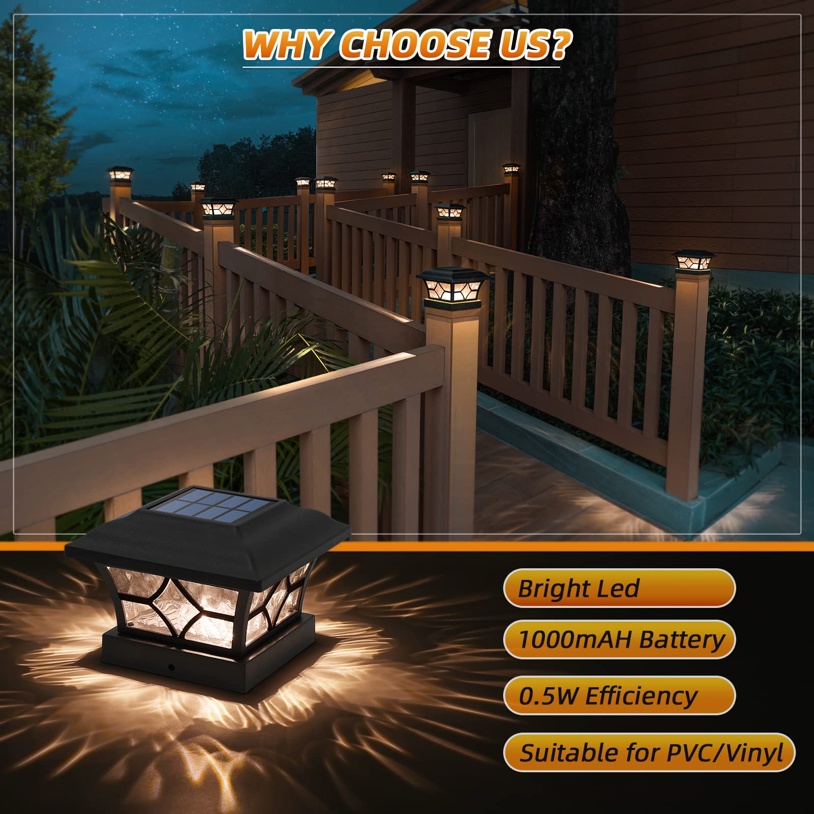 APONUO Solar Post Cap Lights, IP64 Waterproof, 2 Modes, 1000mAh, Black, 4 Pack, Fits 4x4 and 6x6 Posts, Model