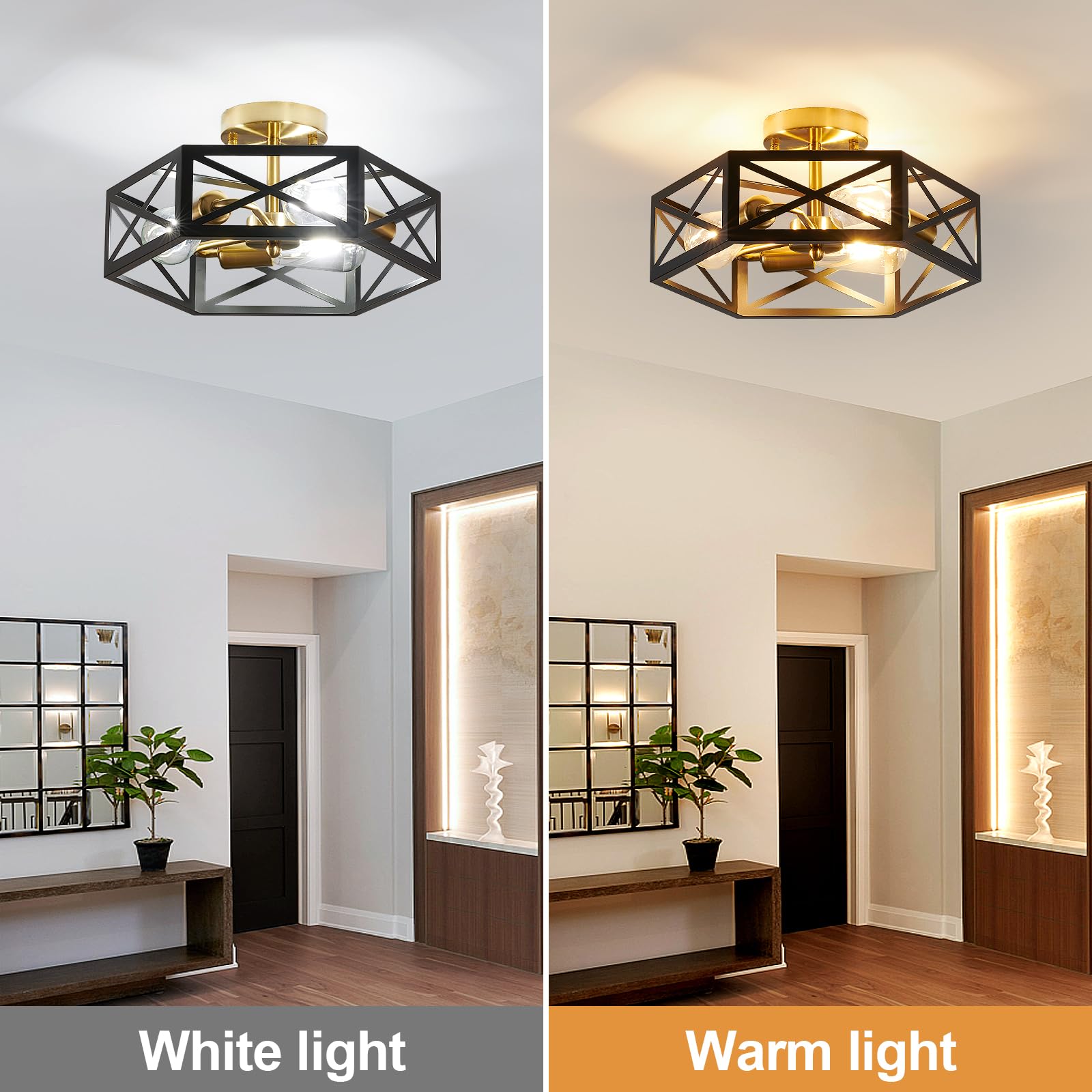 XSDeTu Modern Flush Mount Ceiling Light, 3-Light Black Gold Metal Hexagon Cage Fixture for Kitchen, Hallway, and More