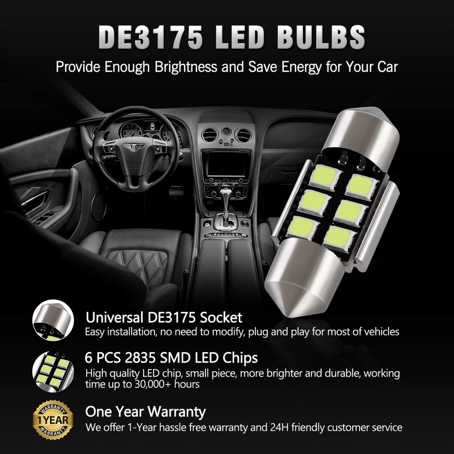 BRISHINE Festoon LED Bulbs, 2835 Chipsets, Canbus Error Free, 28MM/29MM, Ice Blue, Model BRISHINE-Festoon28IB-283