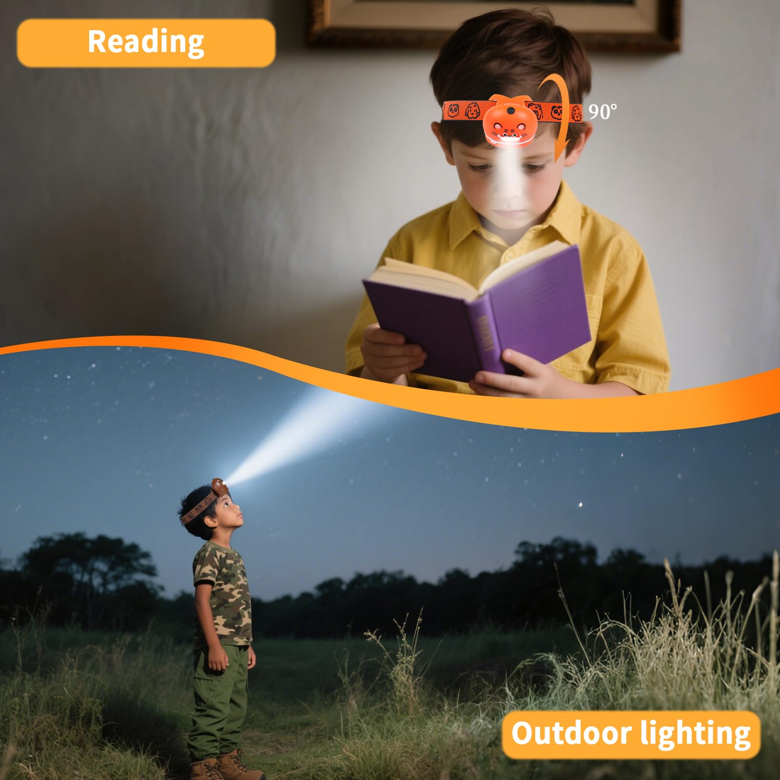 KunHe 8 Pack LED Kids Headlamp - Adjustable Animal Design, Plastic, Model H4-8, Perfect for Camping & Christmas Gifts