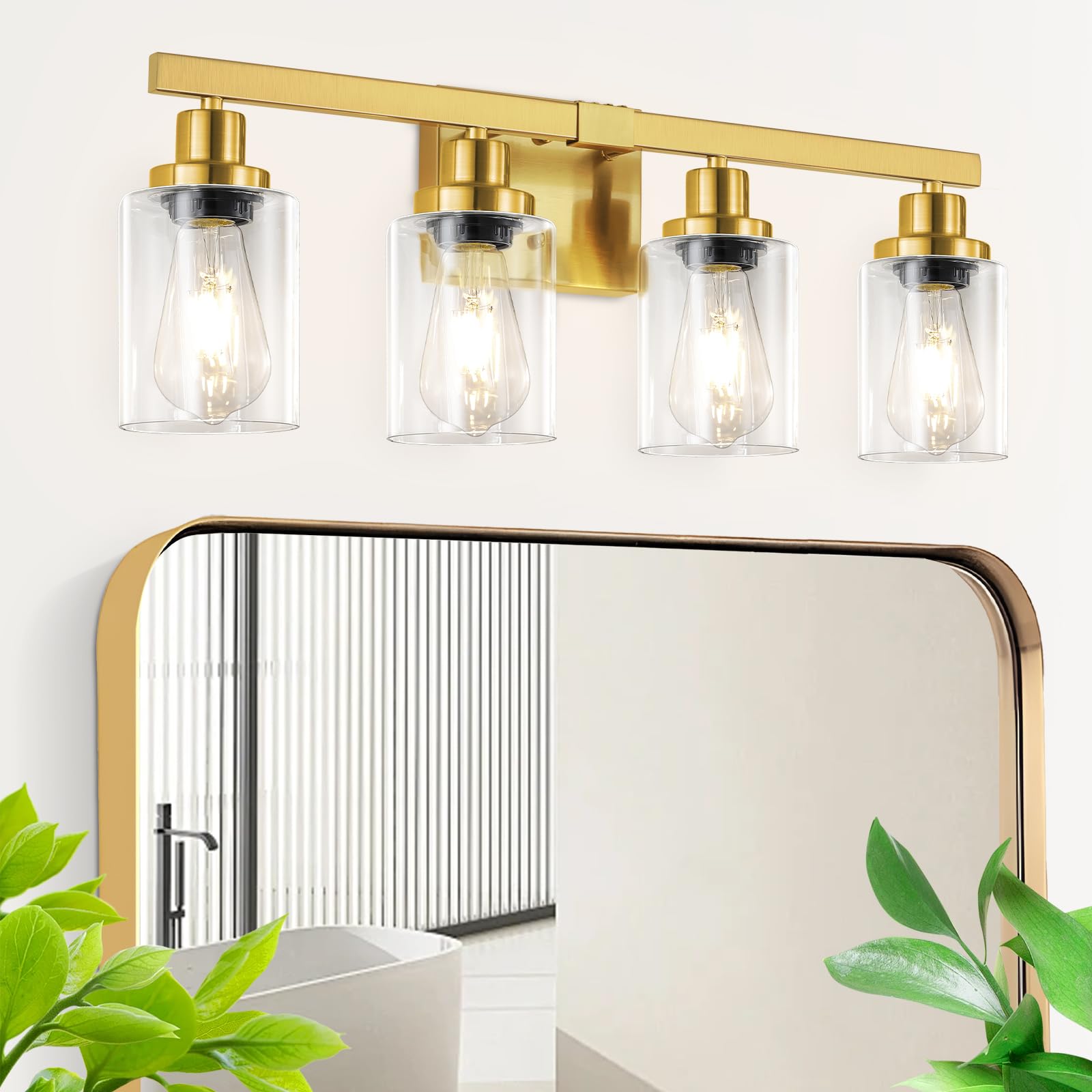 Dikaida Bathroom Vanity Light, 4-Light Modern Matte Gold Wall Sconce Lighting With Clear Glass Shade, Black Wall Lights,Bath Vin