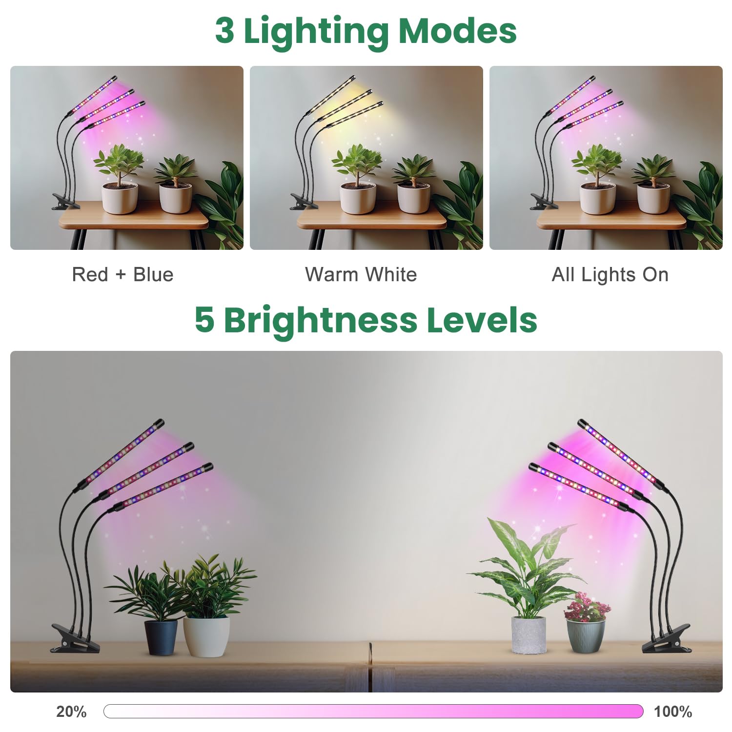 Garpsen LED Grow Light, 2PCS 3-Head Full Spectrum Plant Light with Timer & Dimmable Levels, Red/Blue/Warm White for Indoor Plants