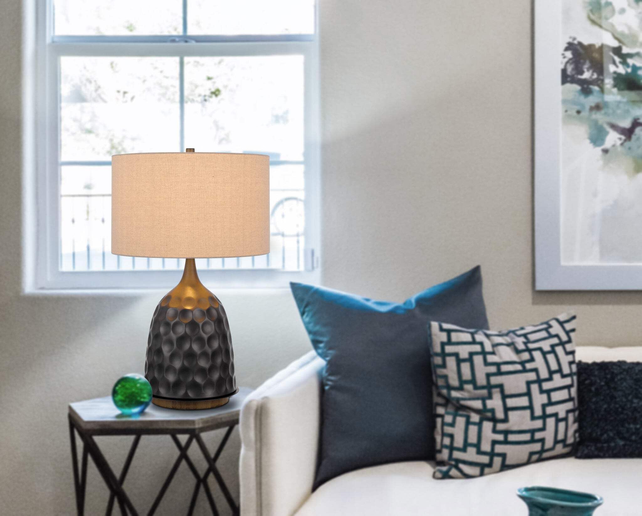 Homeroots Metal Table Lamp, 29 In. With Drum Shade, Gray & Brown, Model 524739