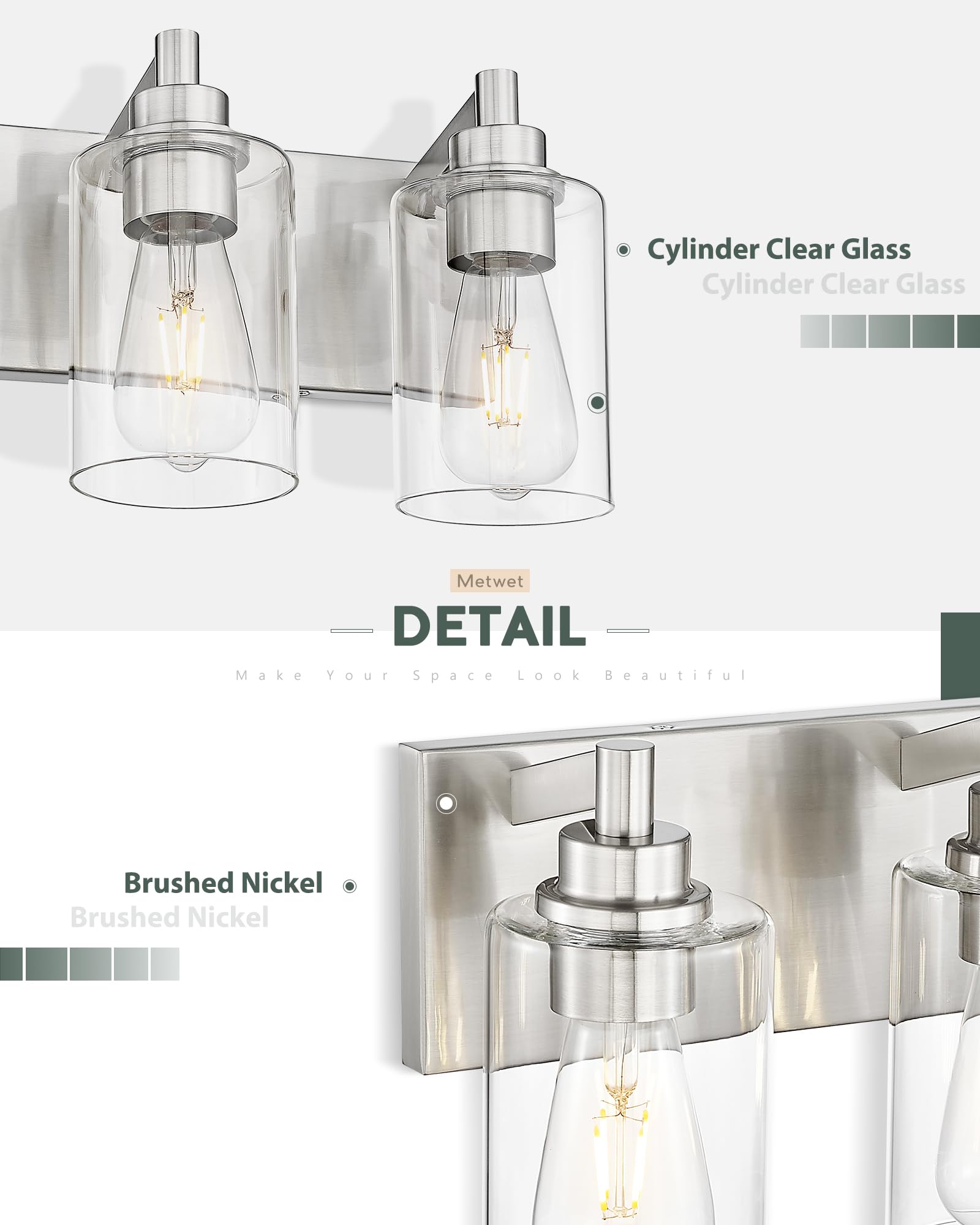 METWET 3-Light Brushed Nickel Bathroom Vanity Light Fixture, Clear Glass Shade, Model VL143-BN-3