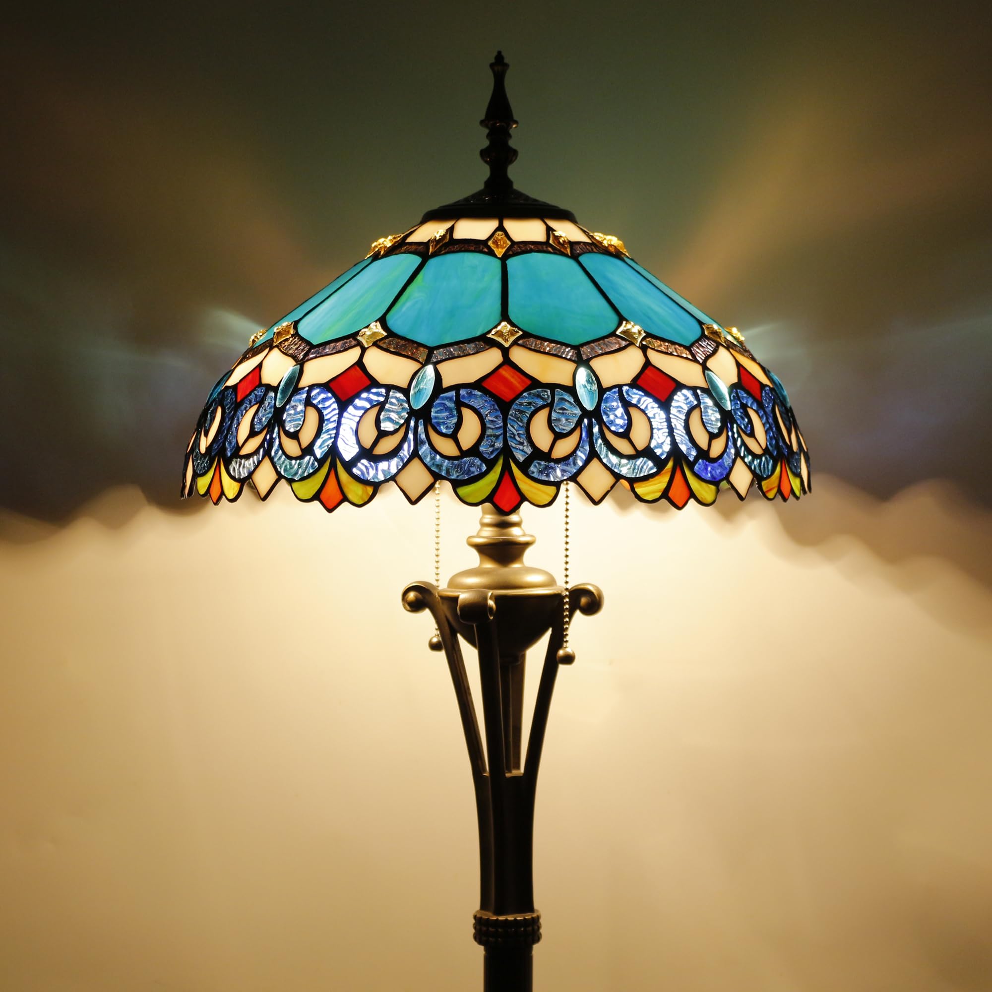 L-Juicwe Tiffany Floor Lamp Blue Stained Glass Jewelry Baroque Standing Reading Light 16X16X70 Inches Antique Pole Corner Lamp D