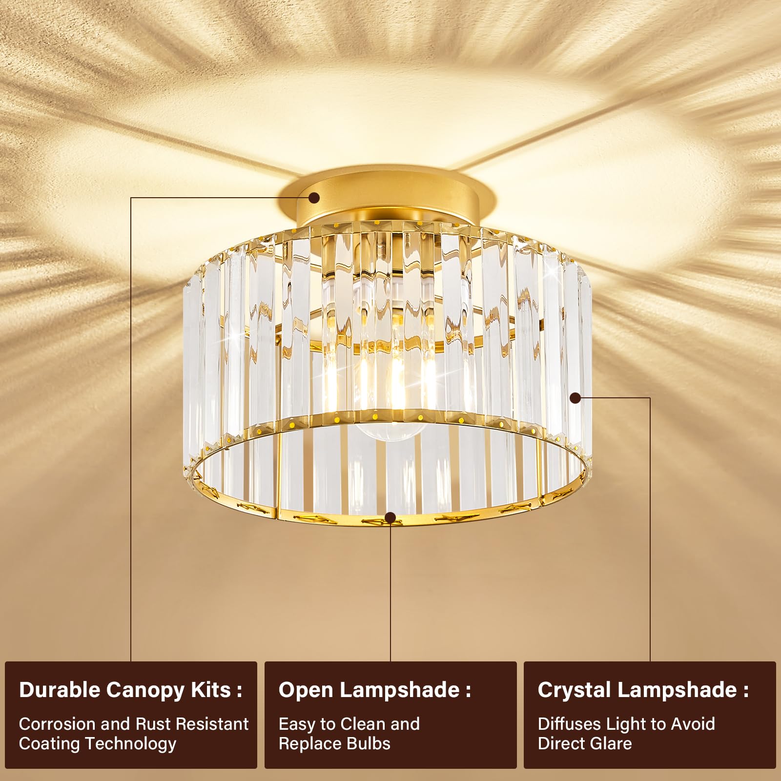 Pevfah Crystal Gold Ceiling Light, Modern Semi Flush Mount Ceiling Lighting Fixture, Round Hallway Ceiling Lights For Bathroom K