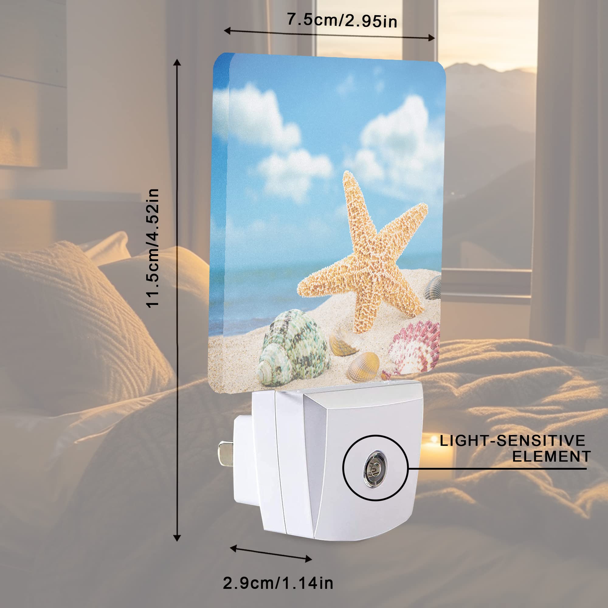Smoaffly LED Night Light - Auto Sensor Dusk-to-Dawn Lamp for Nursery, Seashells Starfishes Beach Design, Model XD-FXYD-LST14