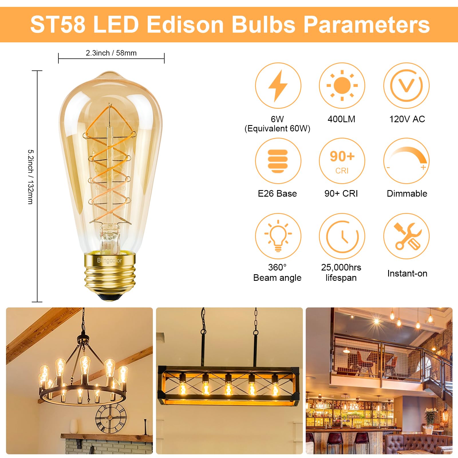 Dimmable E26 Led Edison Bulbs 60 Watt Equivalent, 6W Led Vintage Edison Amber Warm Light Bulbs 2200K, 4 Pack St58 Antique Decora