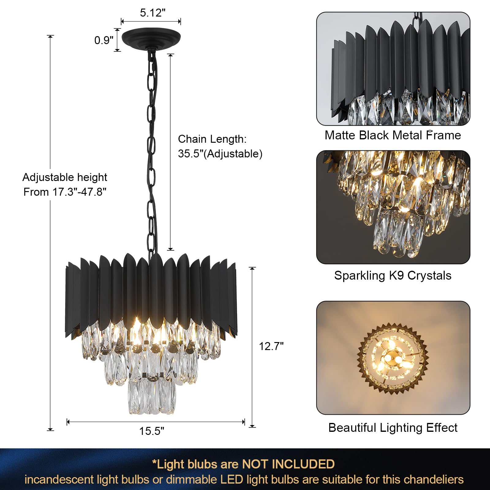 A AXILIXI 16” Black Crystal Chandelier - Contemporary 3-Tier Flush Mount Light Fixture for Dining Room, Foyer, Kitchen, Model DH88511BK-600