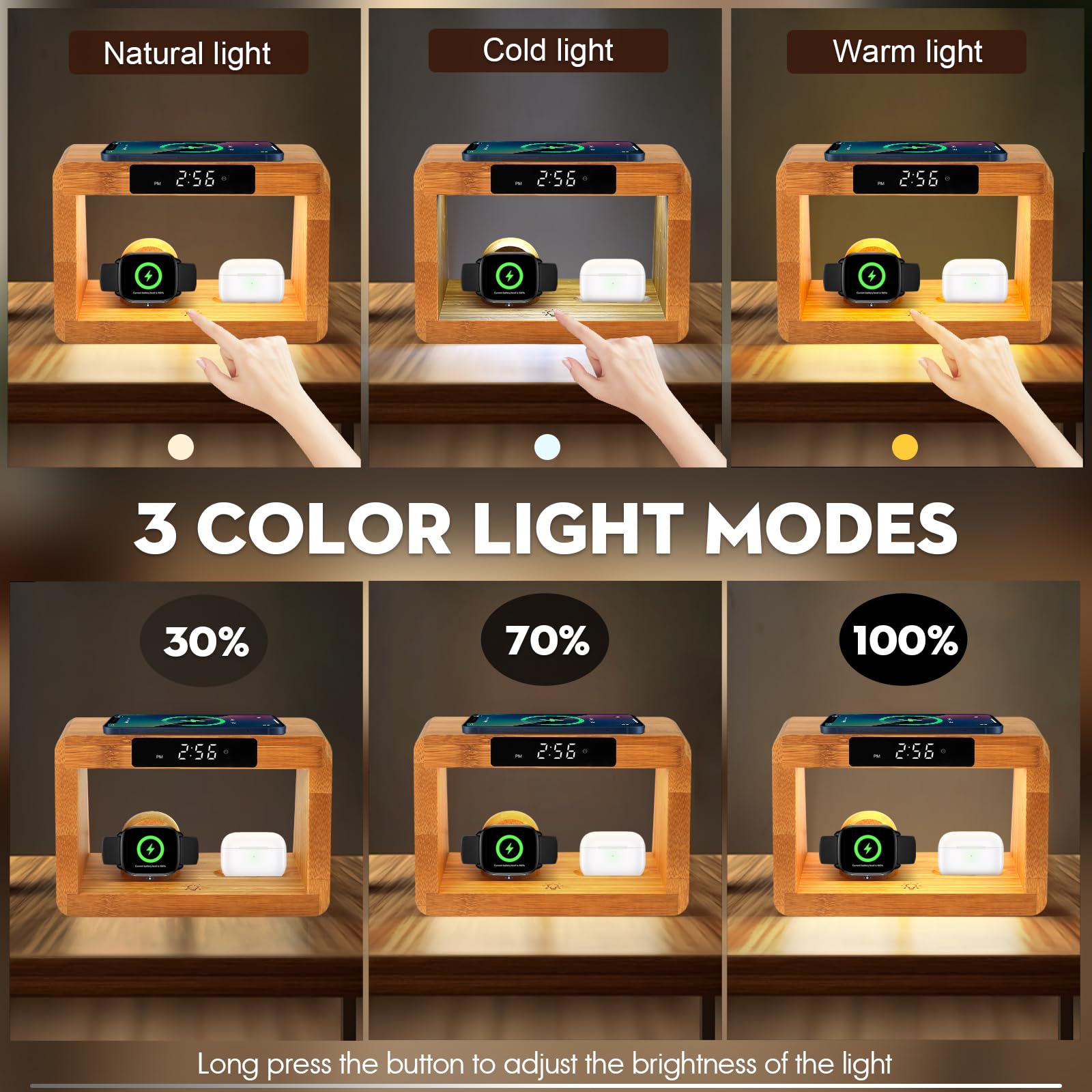 Hqobzx Wooden Bedside Table Lamps For Bedroom With Wireless Charger, Nightstand Lamp With Charging Station, 3 Night Light Modes