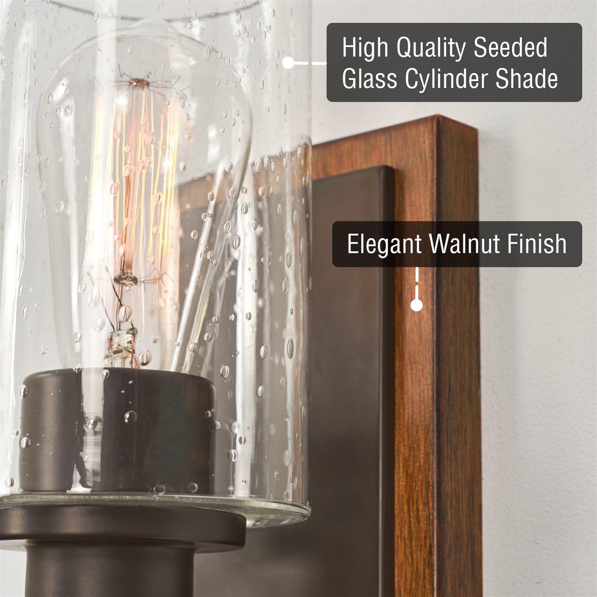 Kira Home Sedona 9'' Modern Rustic Wall Sconce + Seeded Glass Cylinder Shade, Oil Rubbed Bronze + Wood Style Walnut Finish