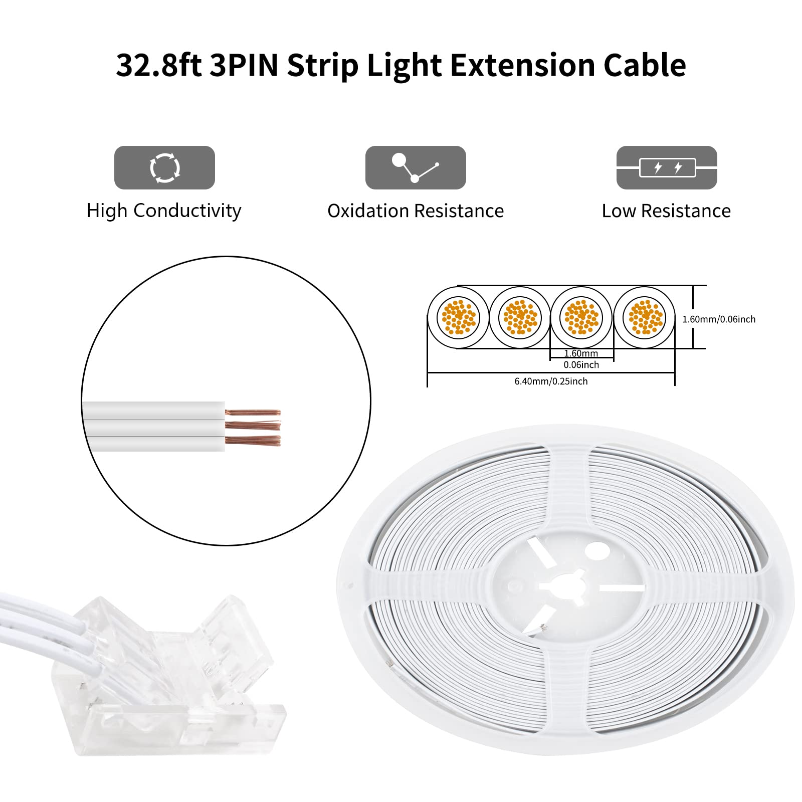 Rgbzone 3 Pin 8Mm Led Connector Kit With 10Pcs Led Connectors And 32.8Ft 3 Pin Extension Wire For 8Mm Ip20 Ip65 Smd 5050 Dream C