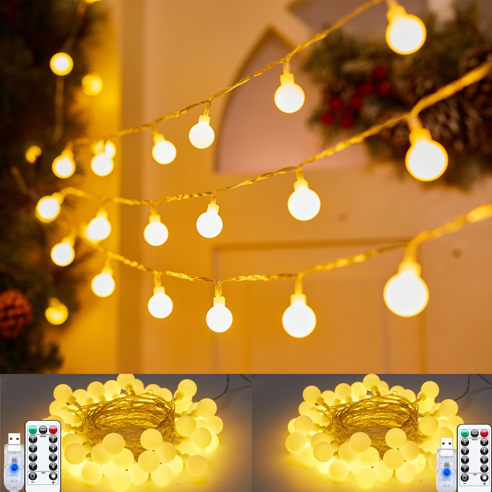 Minetom LED Globe String Lights, 2 Pack Total 46FT 100 LED USB Operated Fairy Christmas Lights with Remote, Xmas Twinkle Lights for Party Wedding Wall Dorm Patio Canopy Room Decor