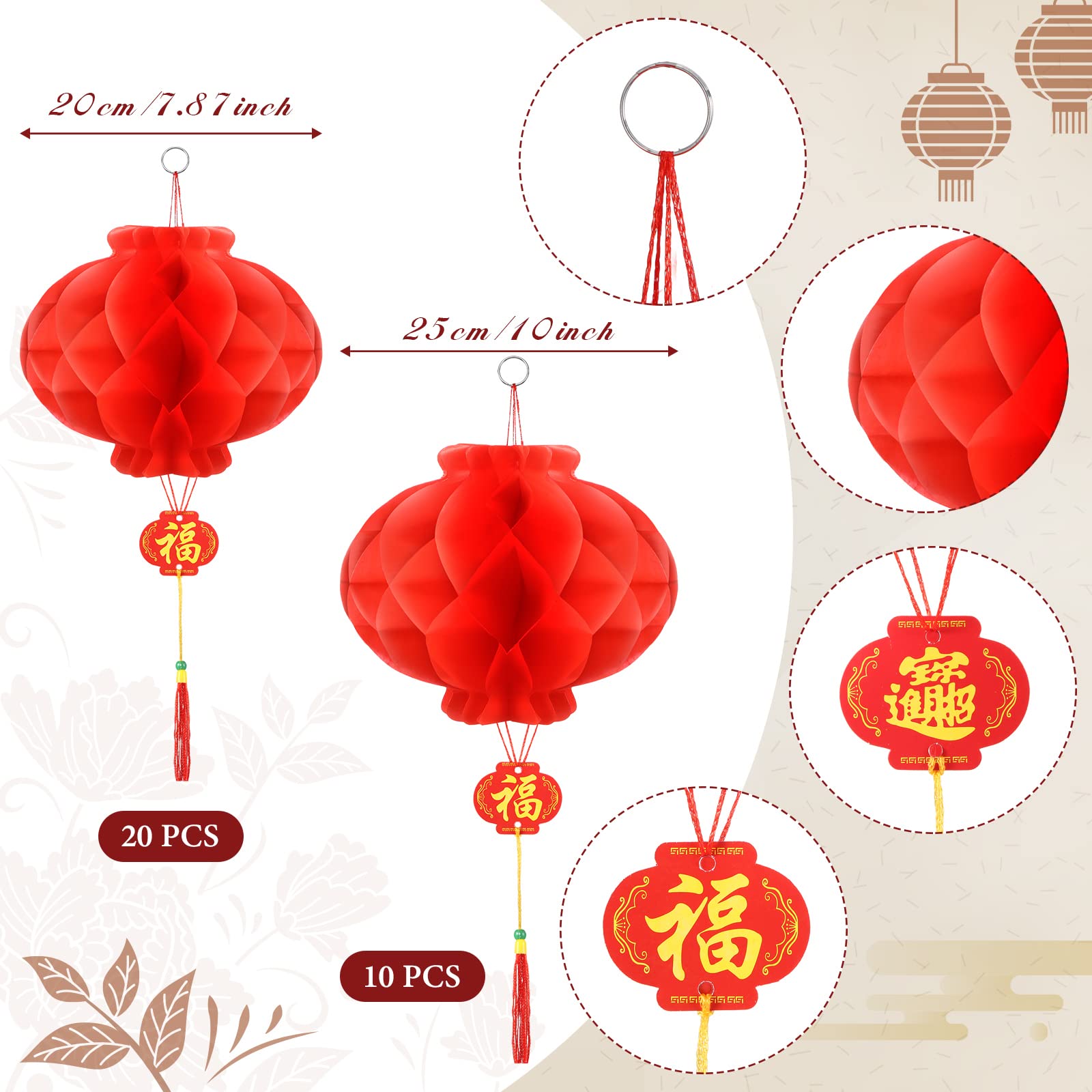 30 Pieces Chinese New Year Decorations Lanterns, 8 Inch And 10 Inch Red Chinese Lanterns Festival Celebration Supplies For New Y