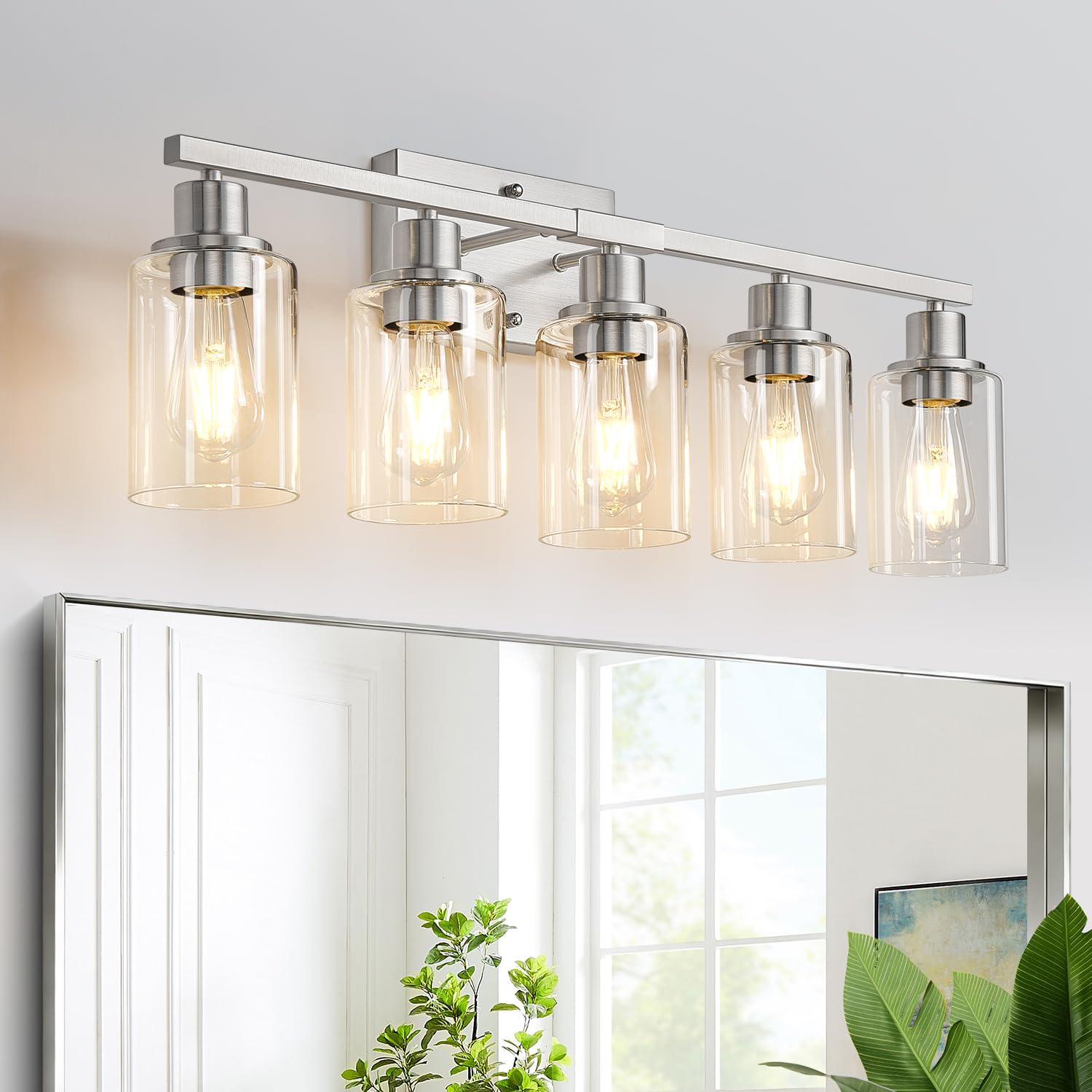 MOKATNG 5-Light Bathroom Light Fixtures  Vanity Light with Clear Glass Shades  Brushed Nickel Bathroom Light Fixtures Over Mirror  Modern Bathroom Wall Lamp for Mirror Living Room Cabinet Bedroom