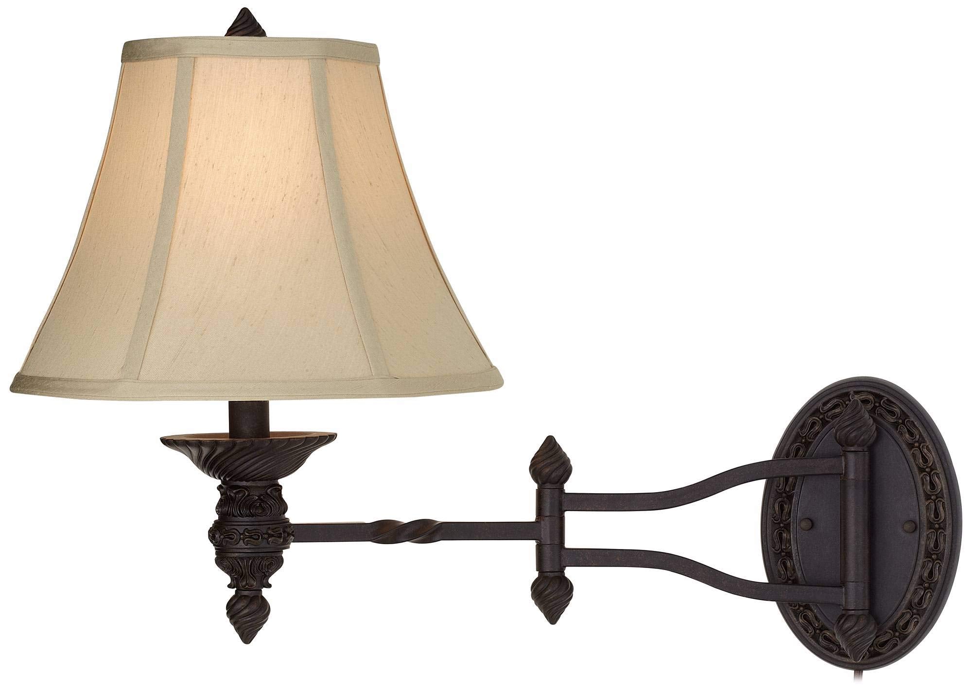 Barnes and Ivy Godia Wall Lamp - Dimmable Bronze Plug-in Light Fixture with Beige Bell Shade for Bedroom, Living Room, Dining, Model U3791