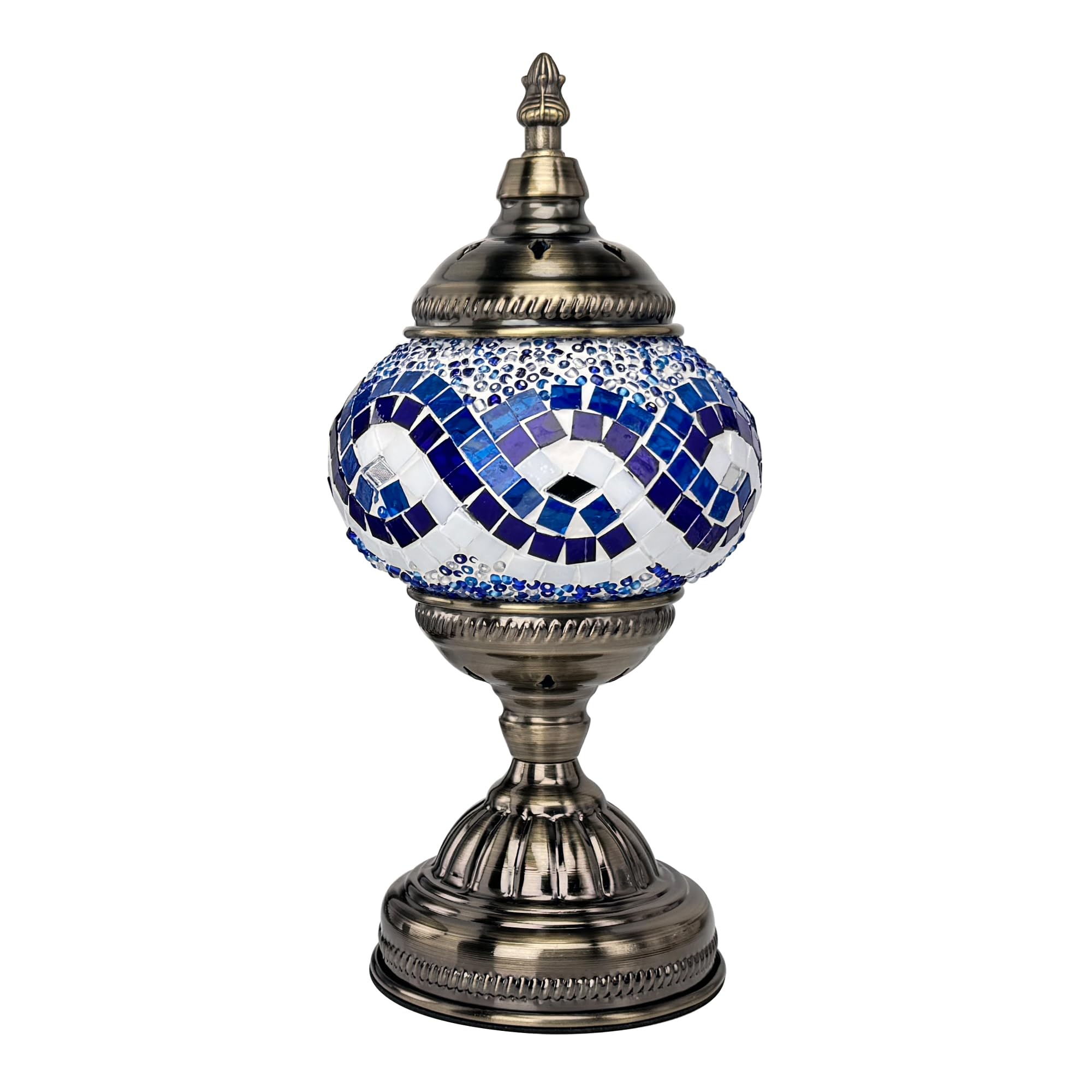 GOGERS Moroccan Table Lamp with Handmade Mosaic Glass Shade, Tiffany Style, White Multiple Blues, Model GS-HH-Y8