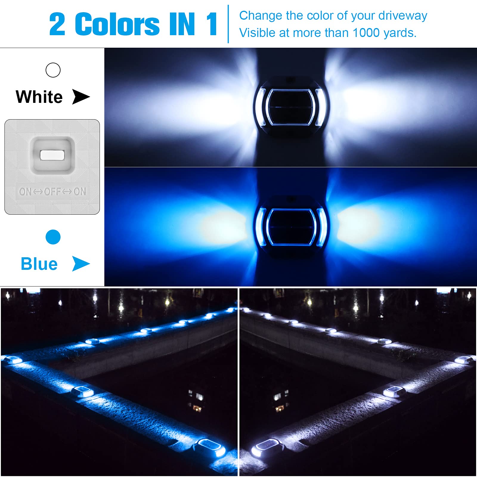 VOLISUN Solar Driveway Lights 4-Pack, LED Waterproof Step Lights, White/Blue, Model 21023ZM, Anti-Rust Cast Aluminium Shell