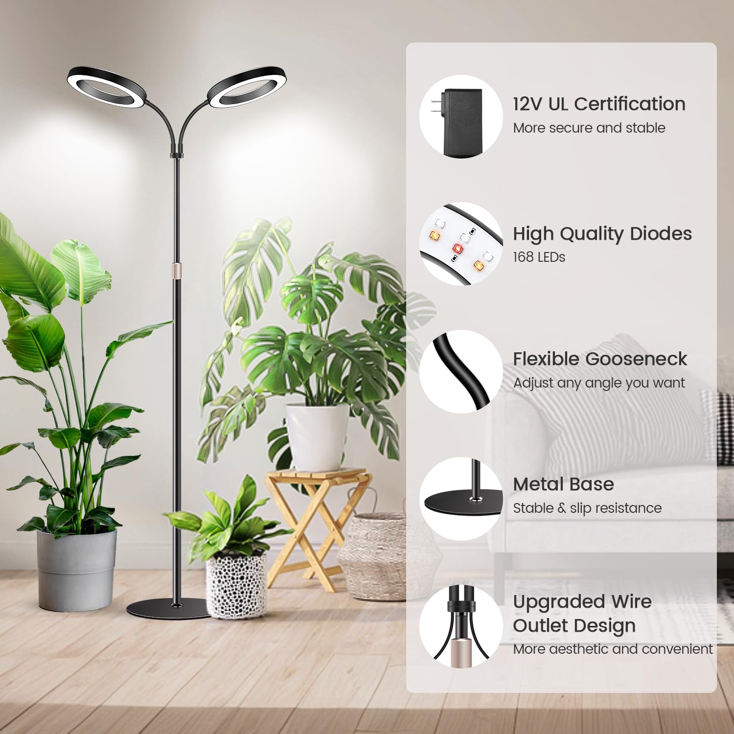Garpsen Halo Grow Lights, Dual-Head Full Spectrum Led Plant Lights For Indoor Growing With Stand, 3 Color Modes Grow Lamp With Timer 6/12/16H, 5 Dimmable Levels, 168 Leds And 67''Height Adjustable