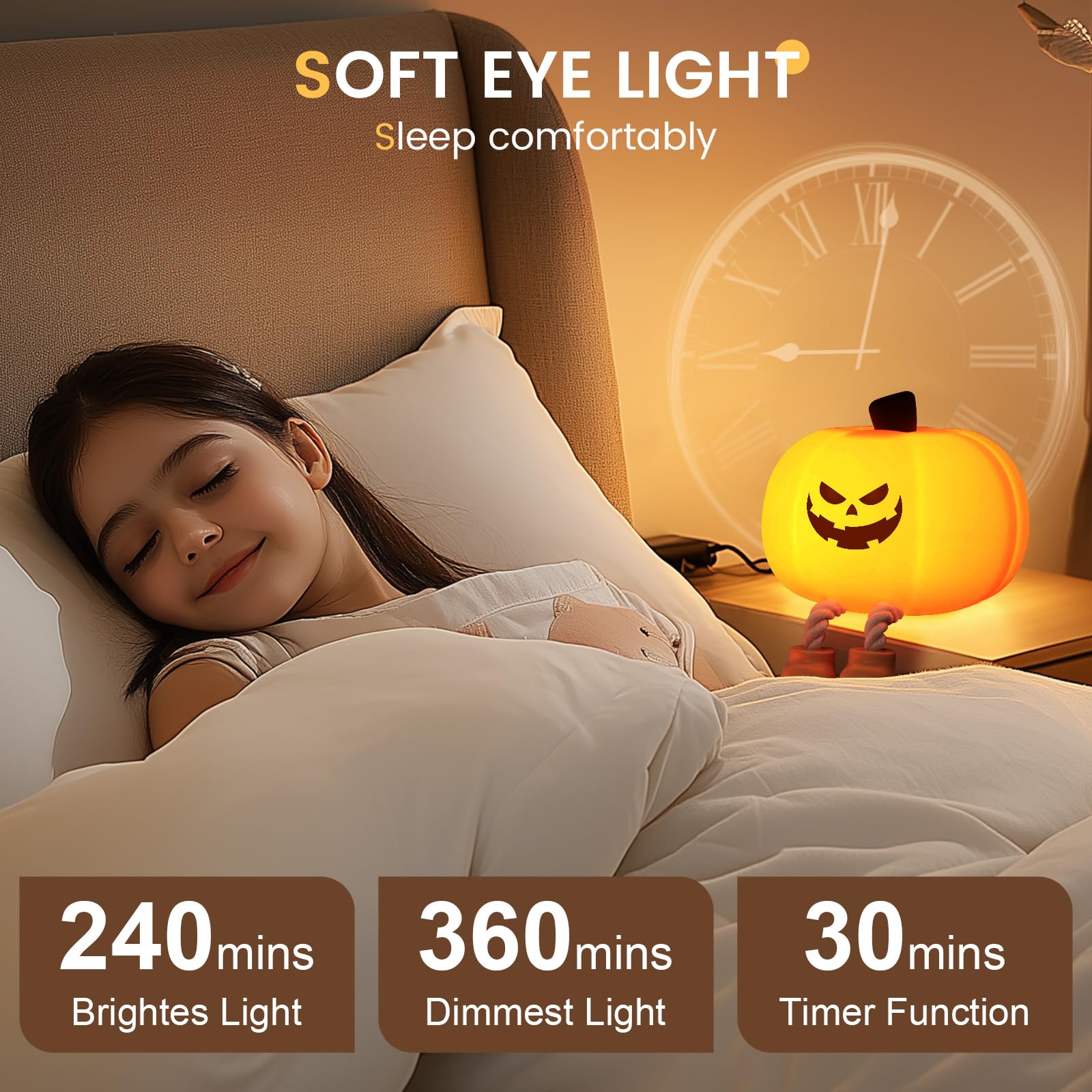 YR YRHH-PET LED Evil Smile Pumpkin Night Light, Dimmable Touch Lamp, Rechargeable, Model K-1165, Cute Halloween Decor