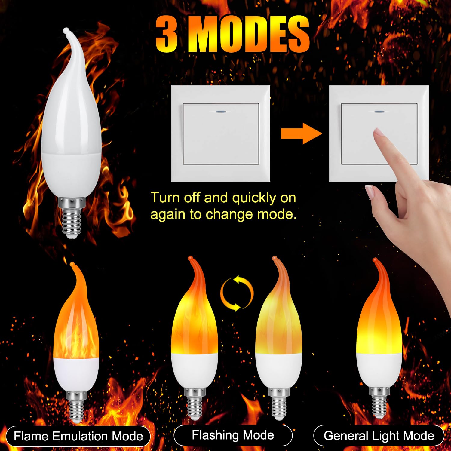 Myogrip E12 Led Flame Light Bulbs, 3 Modes, Yellow, 8 Pack, Plastic For Indoor/Outdoor Halloween Party Decorations