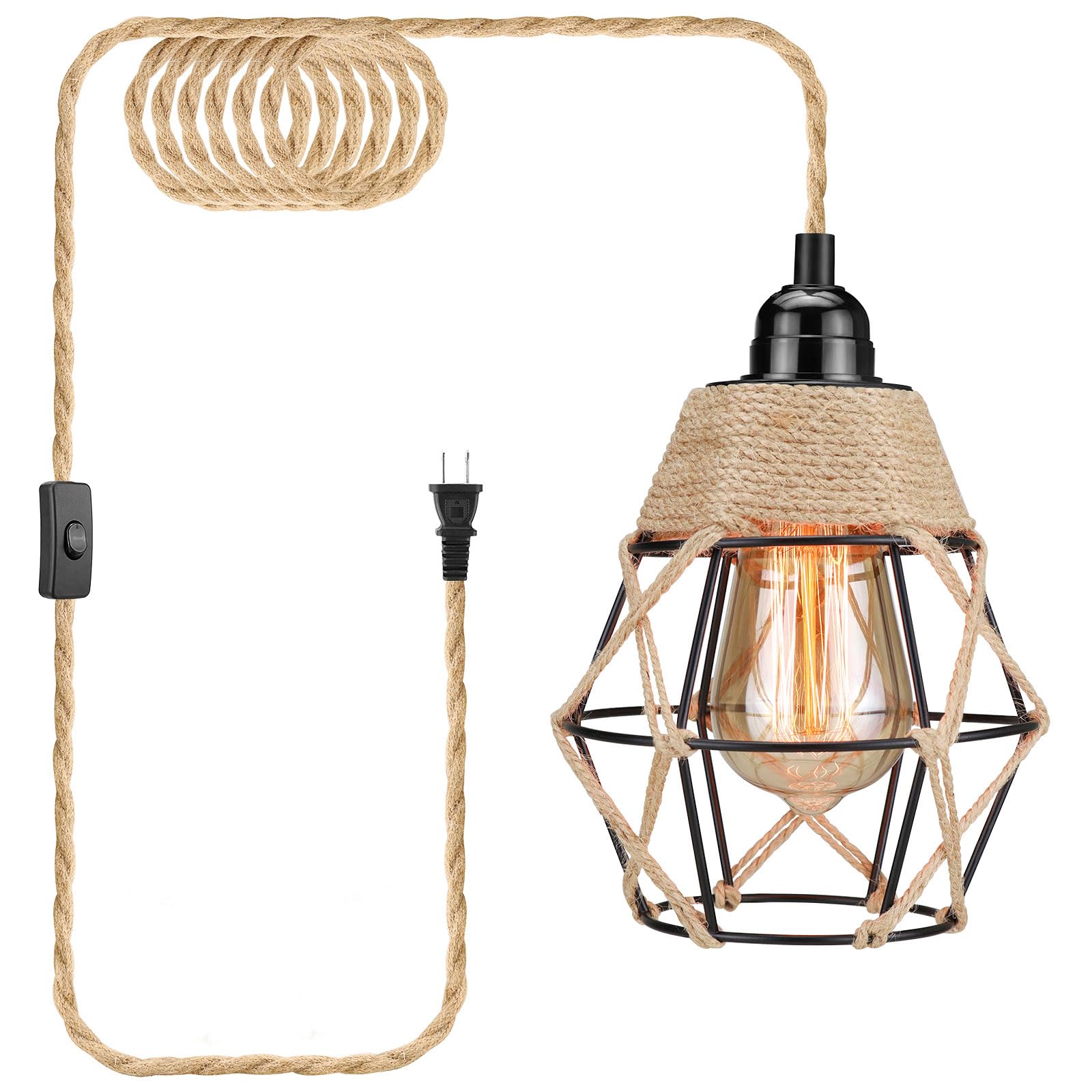 Soodmi Plug In Pendant Light, Industrial Hanging Light With Plug In Cord Hemp Rope On/Off Switch Farmhouse Pendant Light With Plug In Cord, Vintage Pendant Light Fixture, Hanging Lamps For Dining Room
