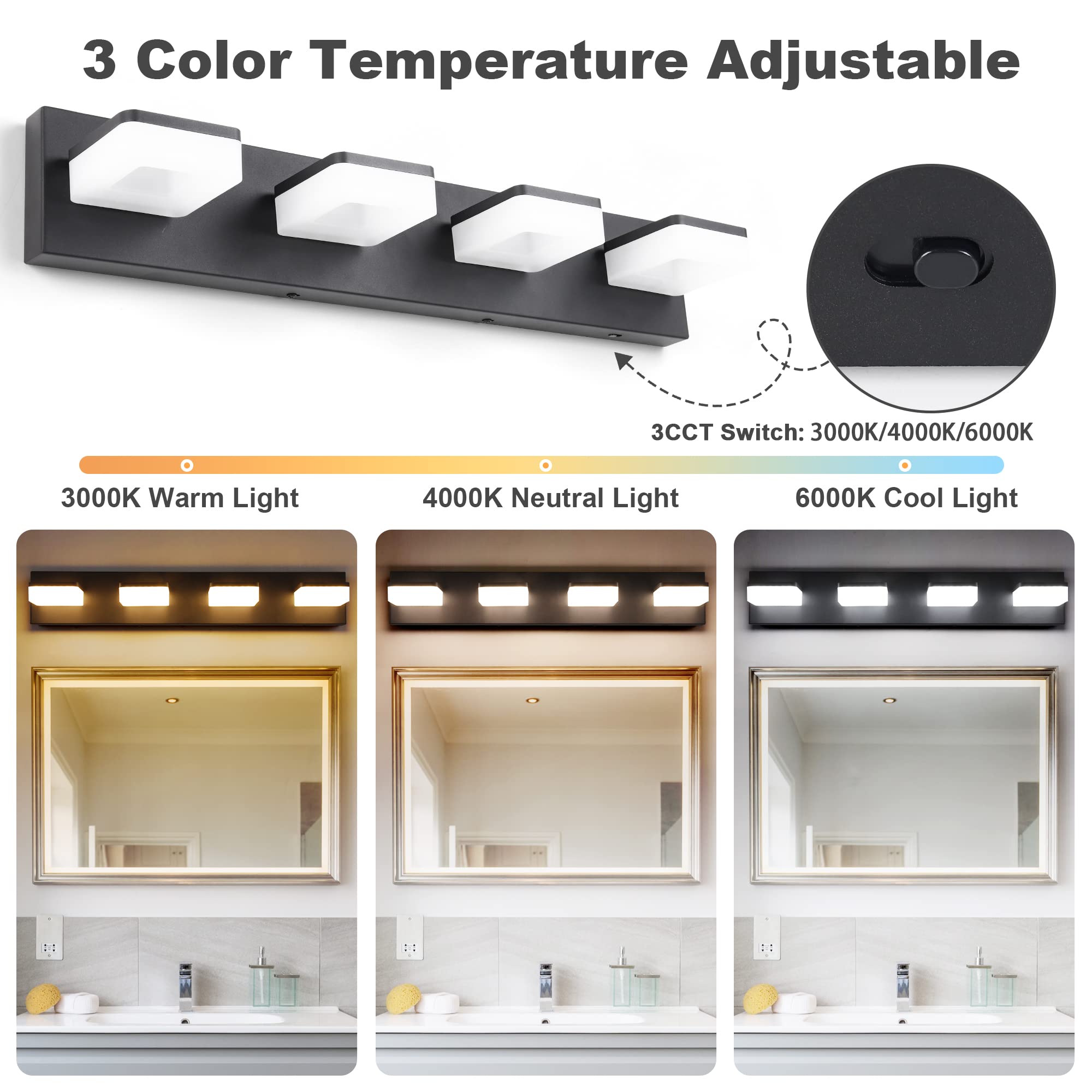 Goodate Dimmable Black Led Vanity Light, 4 Light Fixtures, Adjustable 3000K/4000K/6000K