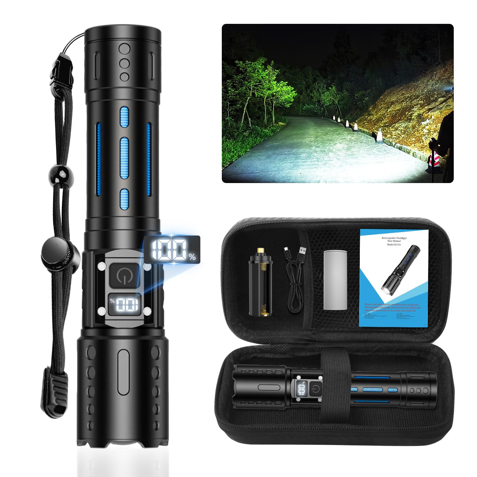 Flashlights High Lumens Rechargeable, Zoomable Rechargeable Flashlights, 50000LM Super Bright Flashlight, 6 Mode Tactical Flashl