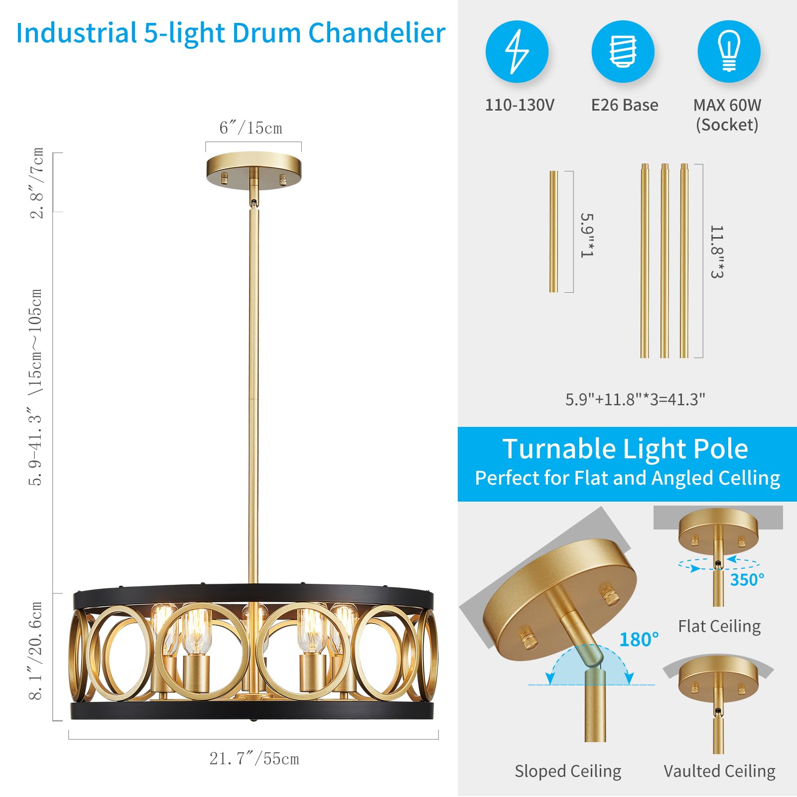 Xingqi 21.7'' Drum Chandelier, 5-Light Rustic Pendant Lighting Modern Farmhouse Chandeliers For Living Room Dining Room Bedroom, Black And Gold Finish Round Metal Ceiling Light Fixture