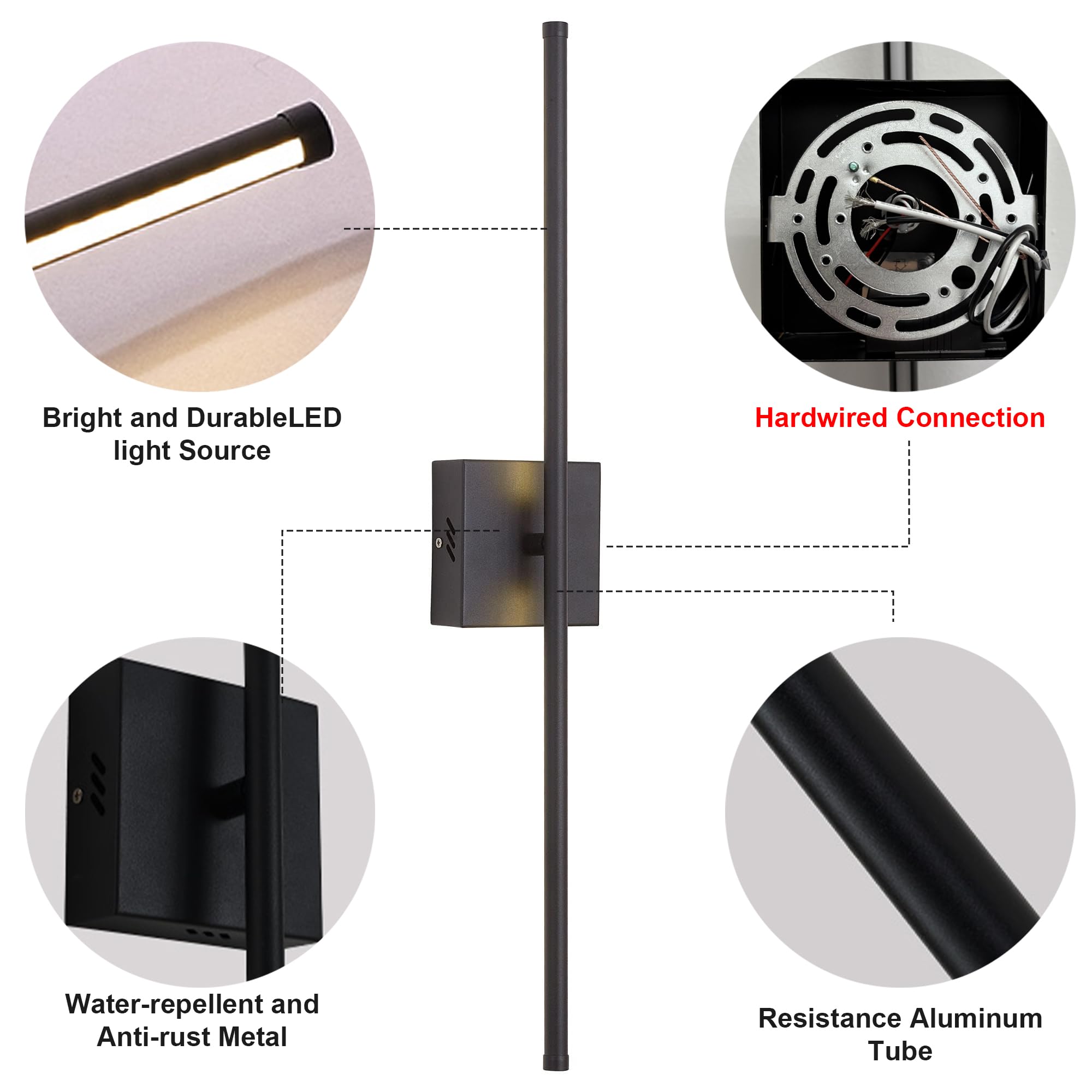 KARTOOSH Dimmable Wall Sconces Set of Two, 27.8" Matte Black LED Light Fixtures, Hardwired, 350° Rotate, 3000K Warm Light