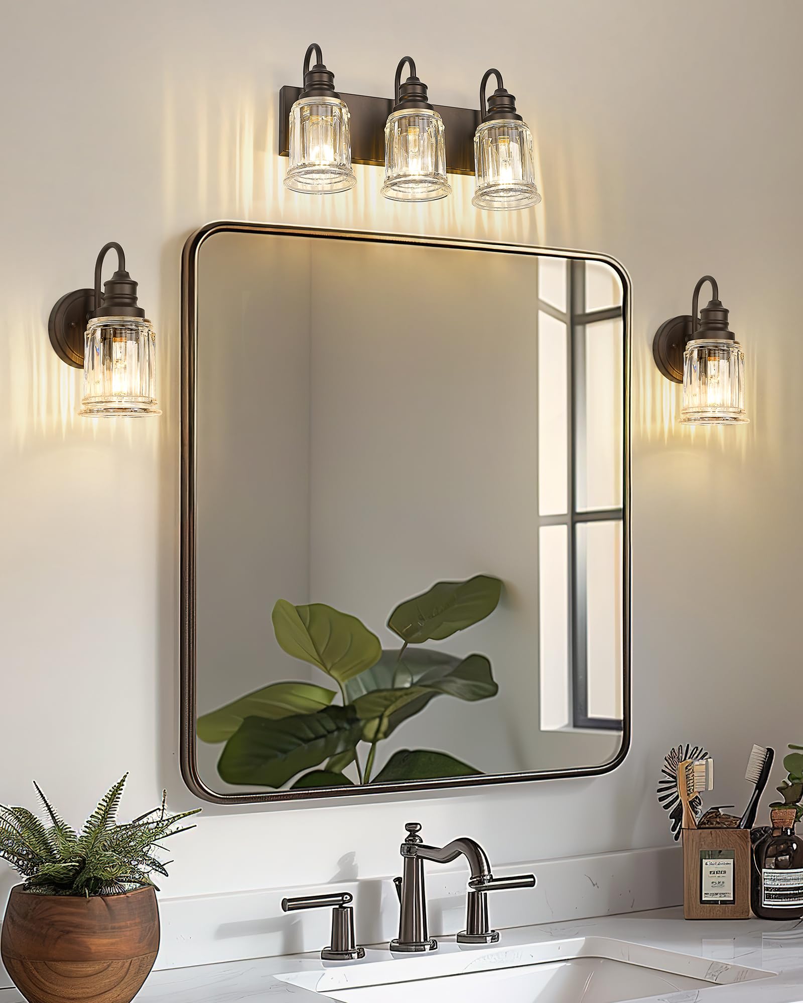 3 Light Bathroom Vanity Light - Hwh Bathroom Lights Over Mirror Farmhouse Vanity Sconce Wall Lighting With Bell-Shaped Clear Glass  Oil-Rubbed Bronze Finish  5Hzg106B-3W Orb
