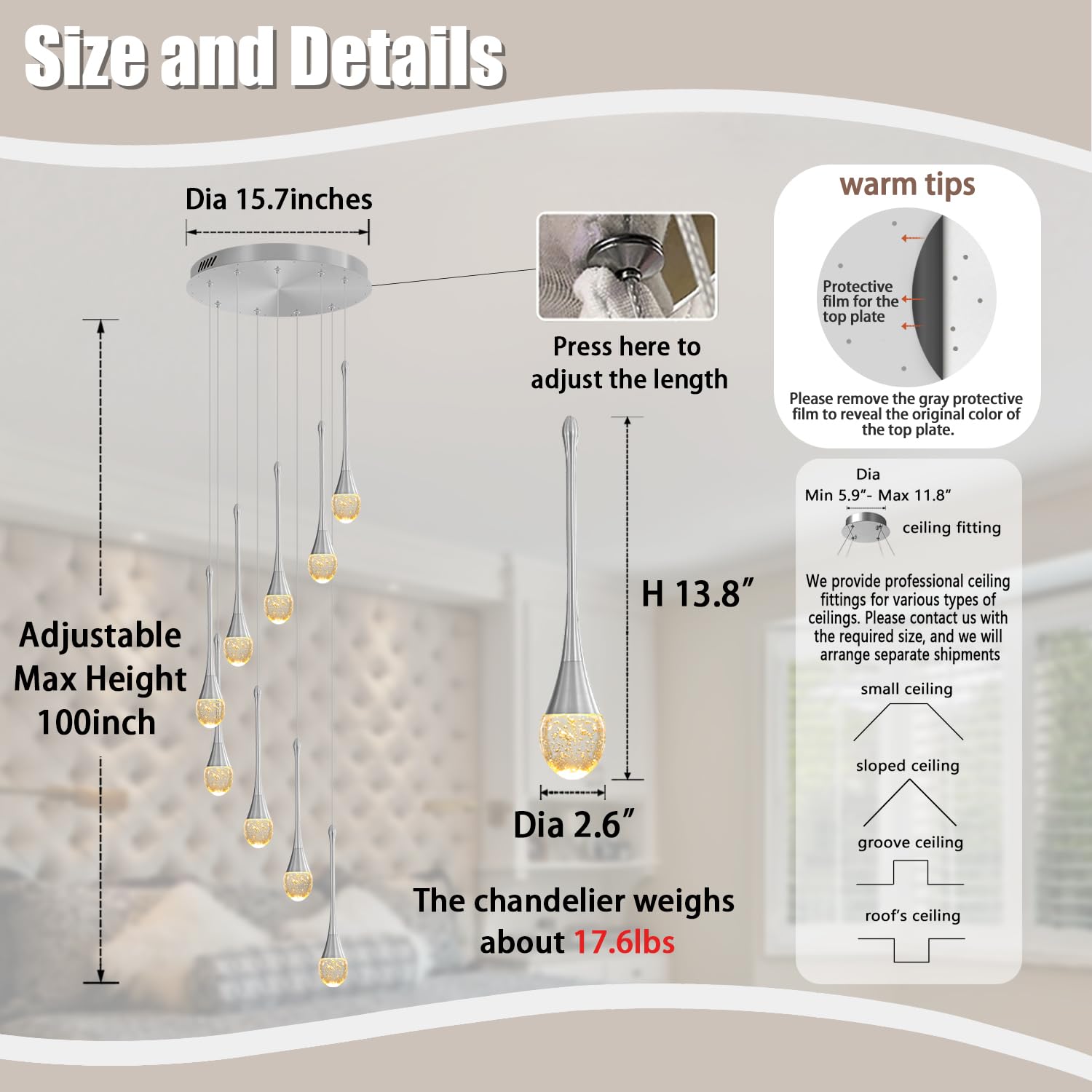 ykolupty Modern 9-Lights Silver Chandelier - Dimmable LED, High Ceiling Crystal Fixture