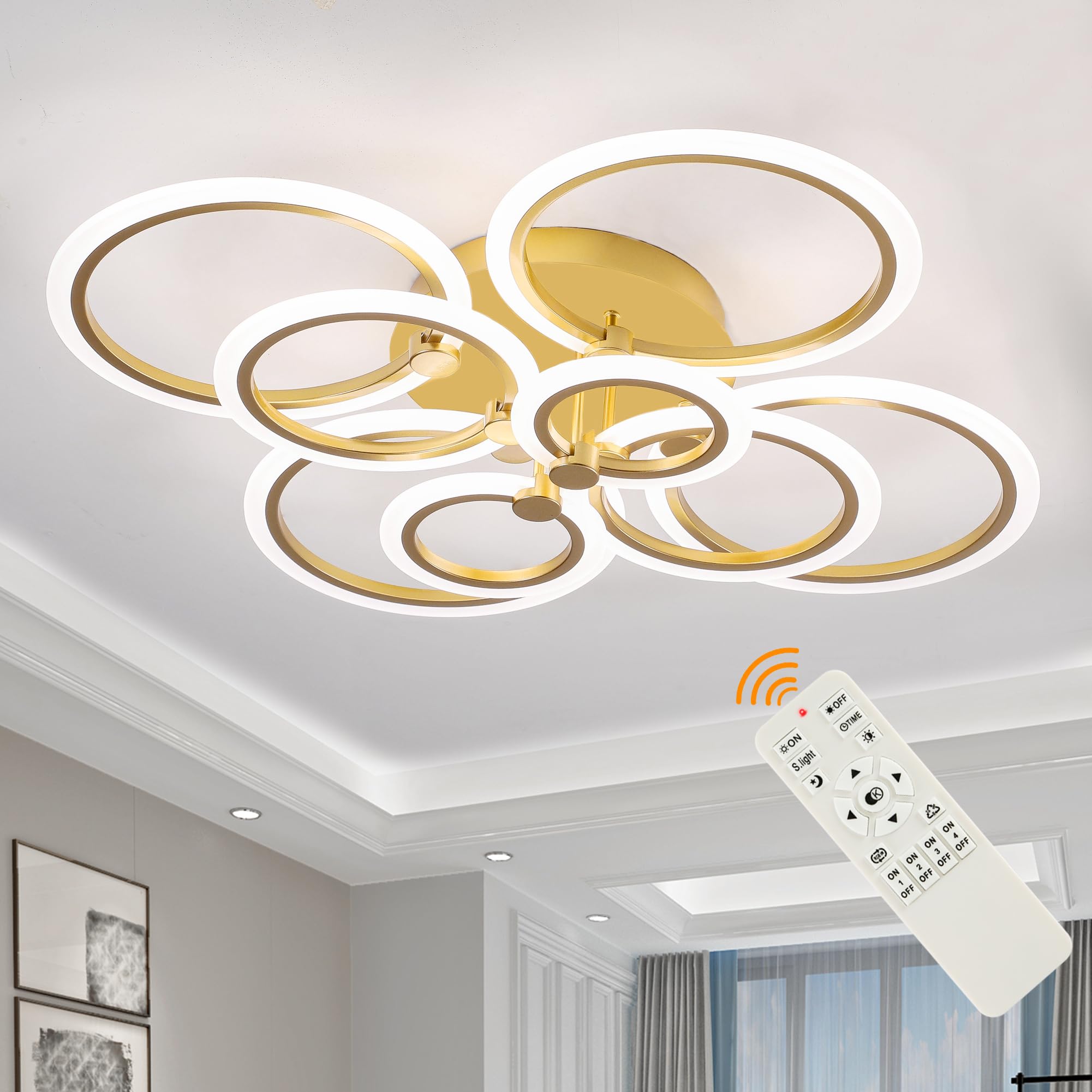 SJV 8Rings Modern LED Ceiling Light Fixture, Gold Dimmable Flush Mount Ceiling Light, 100W Kitchen Lighting Fixtures Ceiling LED