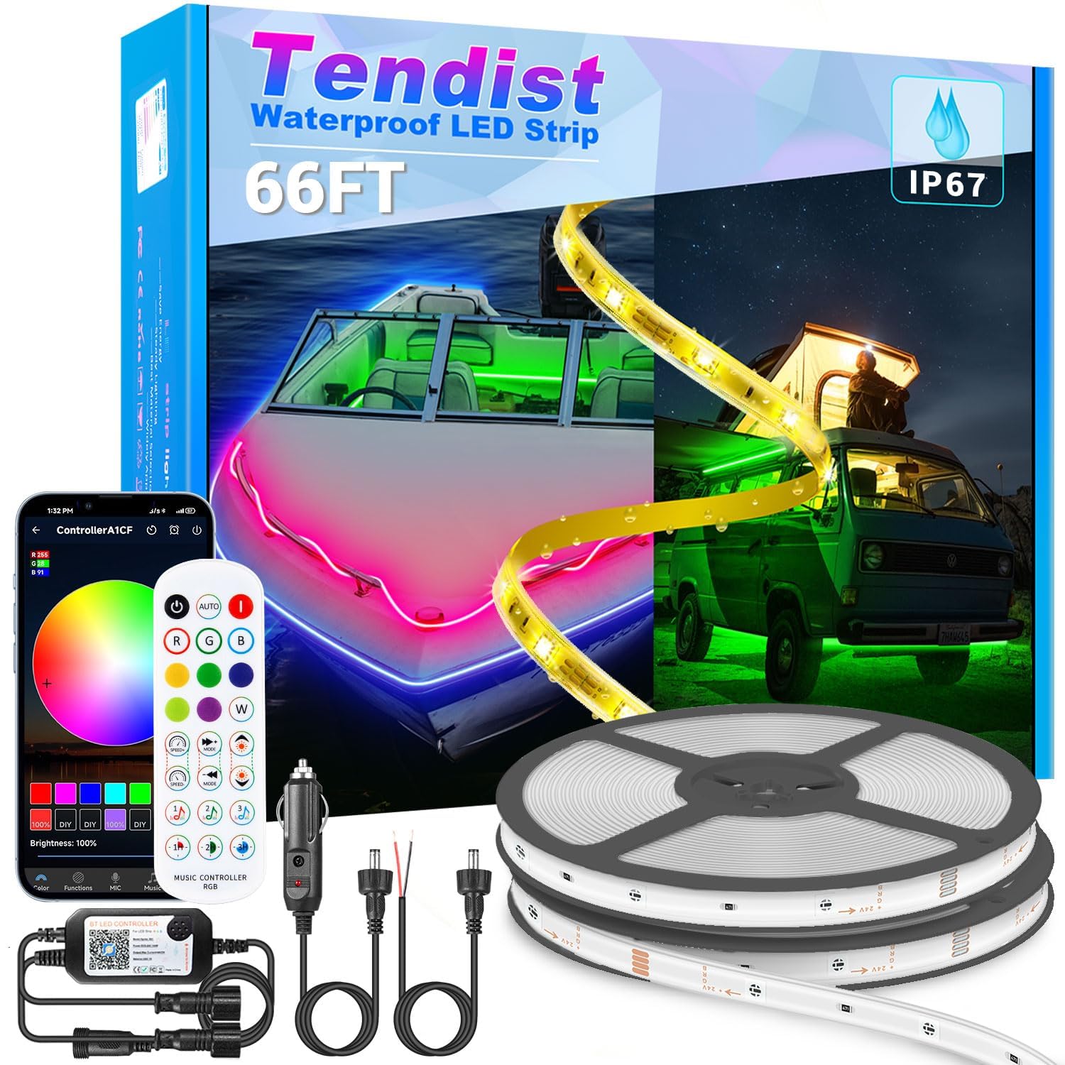 TENDIST 66FT RGB LED Boat Lights, 12V Waterproof Marine Strip Lights, IP67 App Control, Model 5050-30-RGB